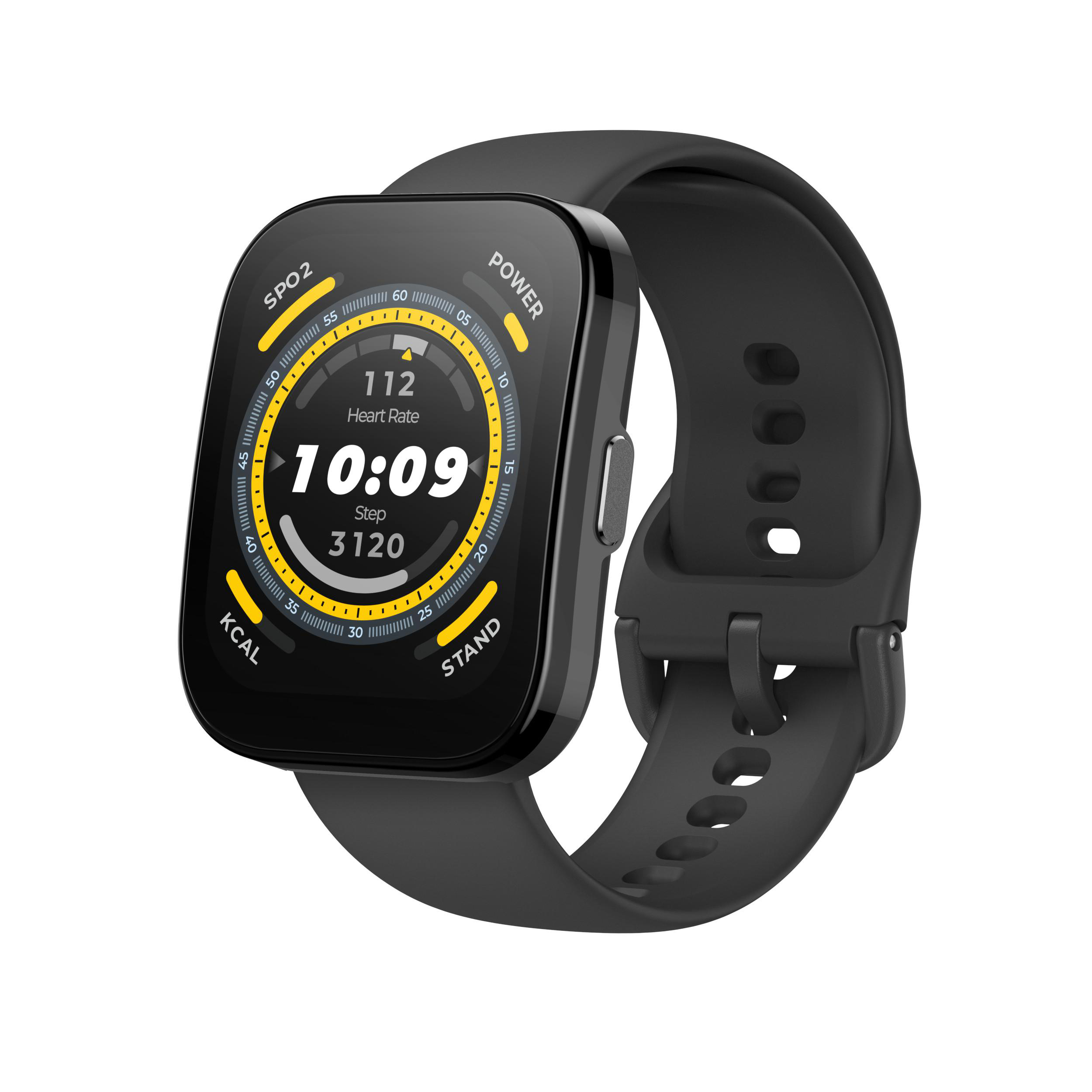 Schwarze Smartwatch mit rechteckigem Bildschirm, der Zeit, Herzfrequenz und andere Daten anzeigt.