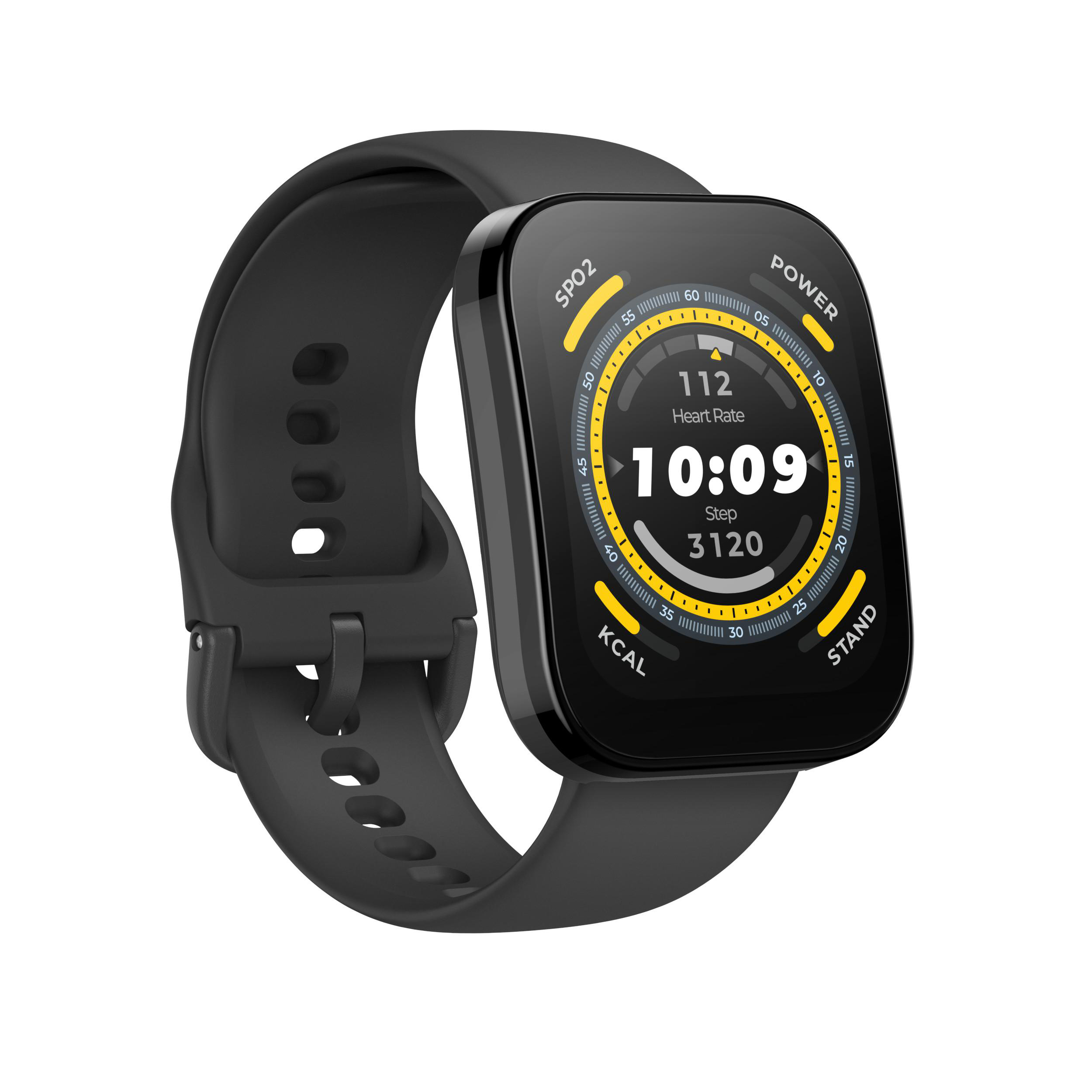 Schwarze Smartwatch an einem schwarzen Armband. Zeigt Zeit, Herzfrequenz, Schritte und Kalorien.