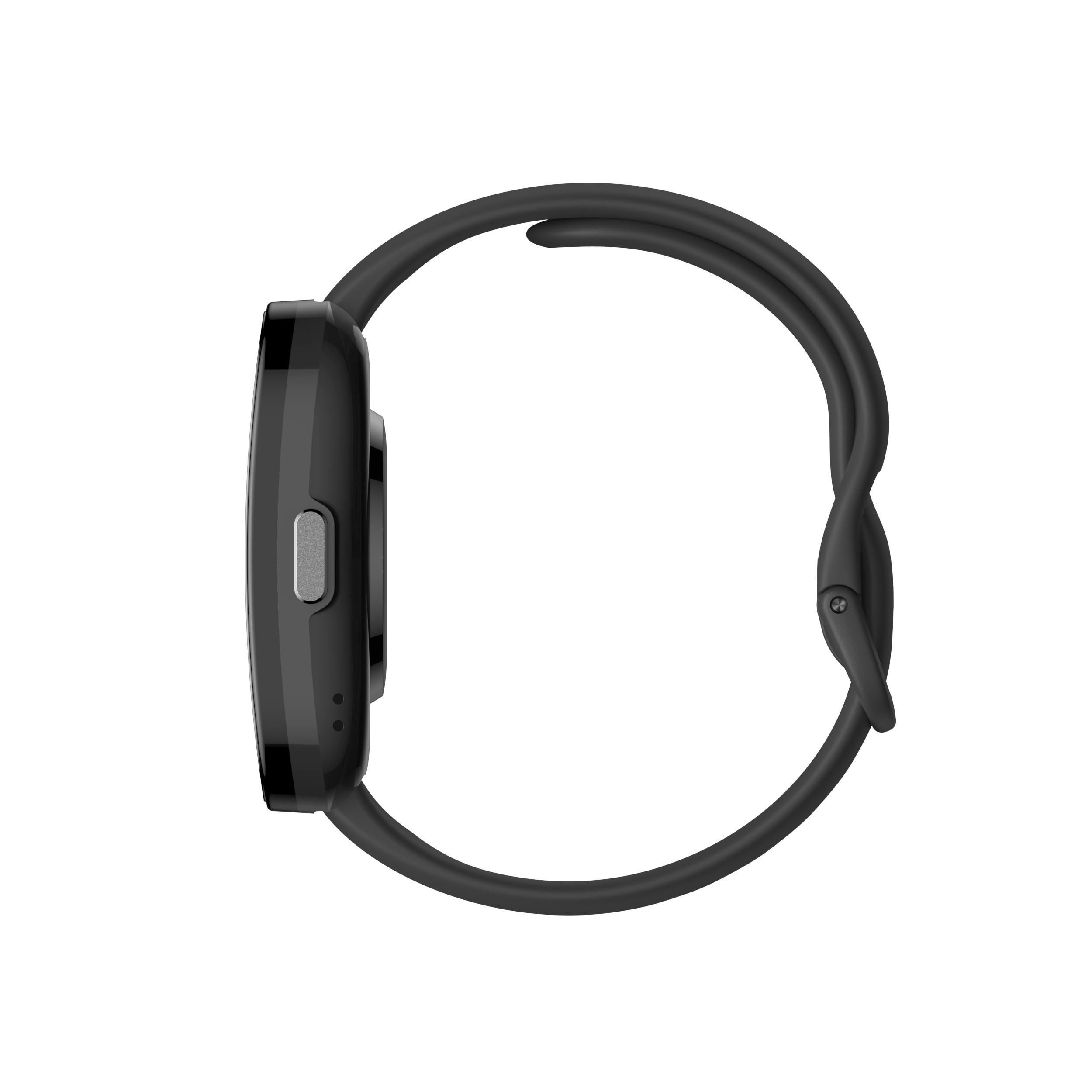 Schwarze Smartwatch, Seitenansicht. Zeigt die Form der Uhr und des Armbands.