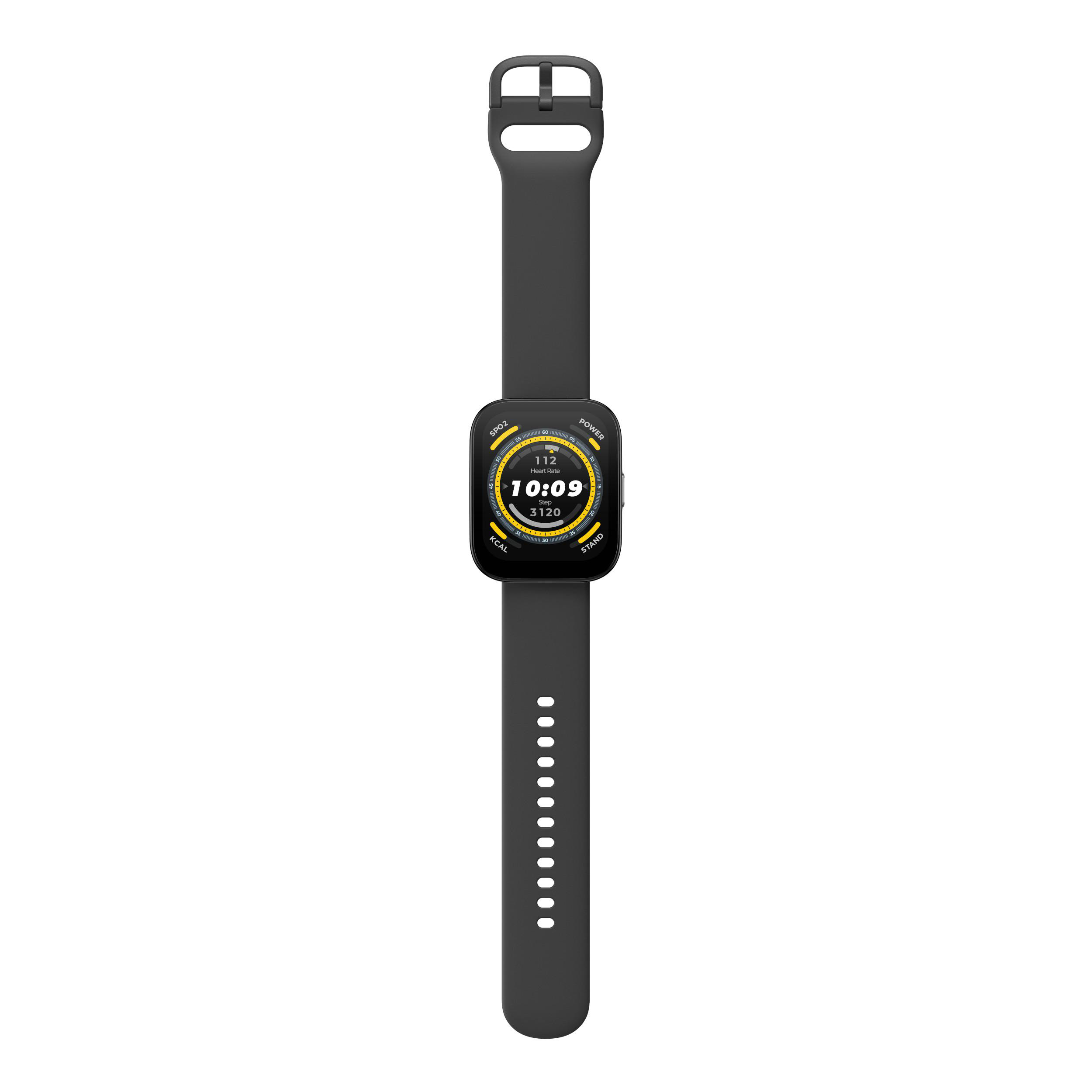 Eine schwarze Smartwatch mit grauem Armband. Die Uhr zeigt Zeit, Aktivität und Leistungspegel an.