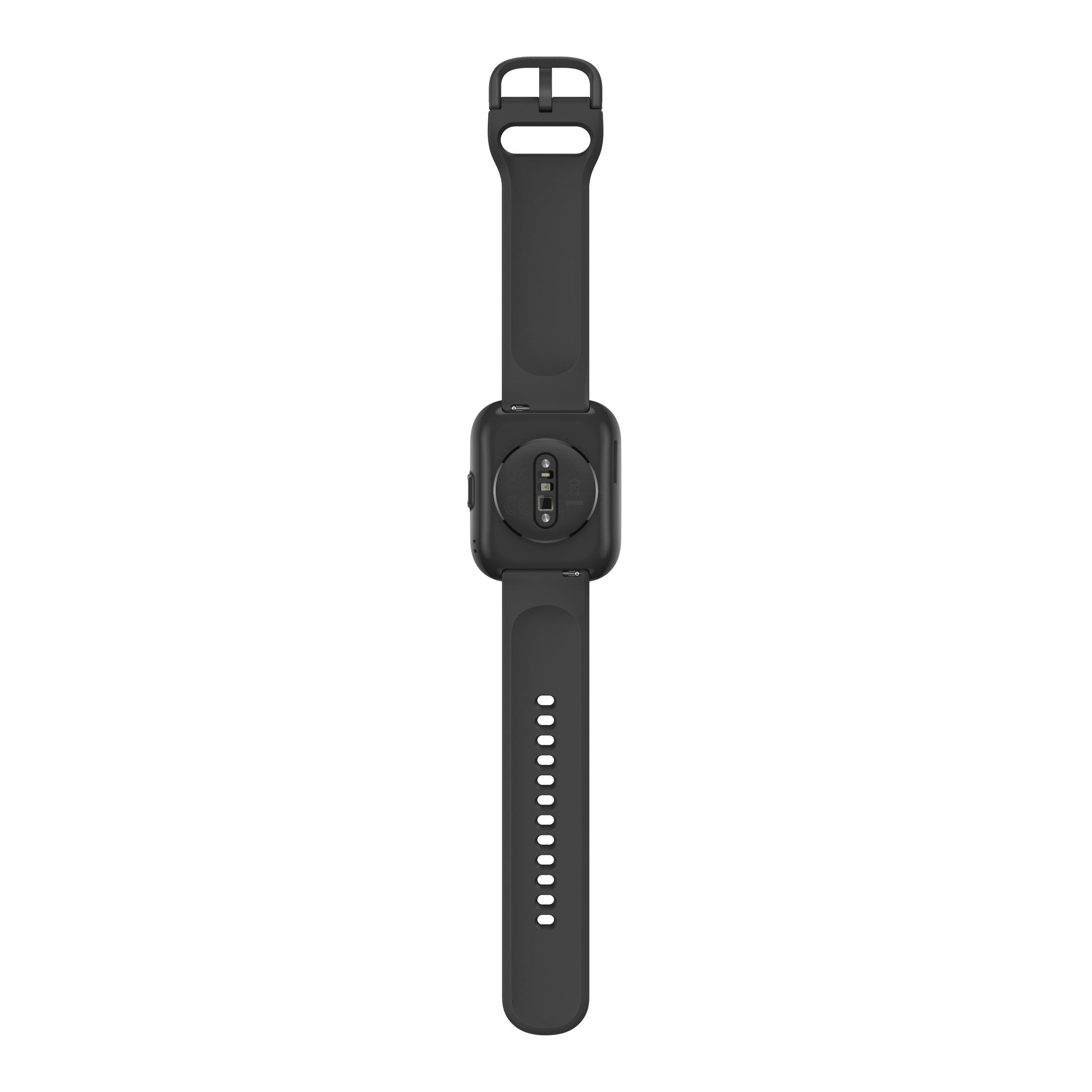 Schwarze Smartwatch-Rückseite mit Sensoren, Armband und Schnalle auf weißem Hintergrund.