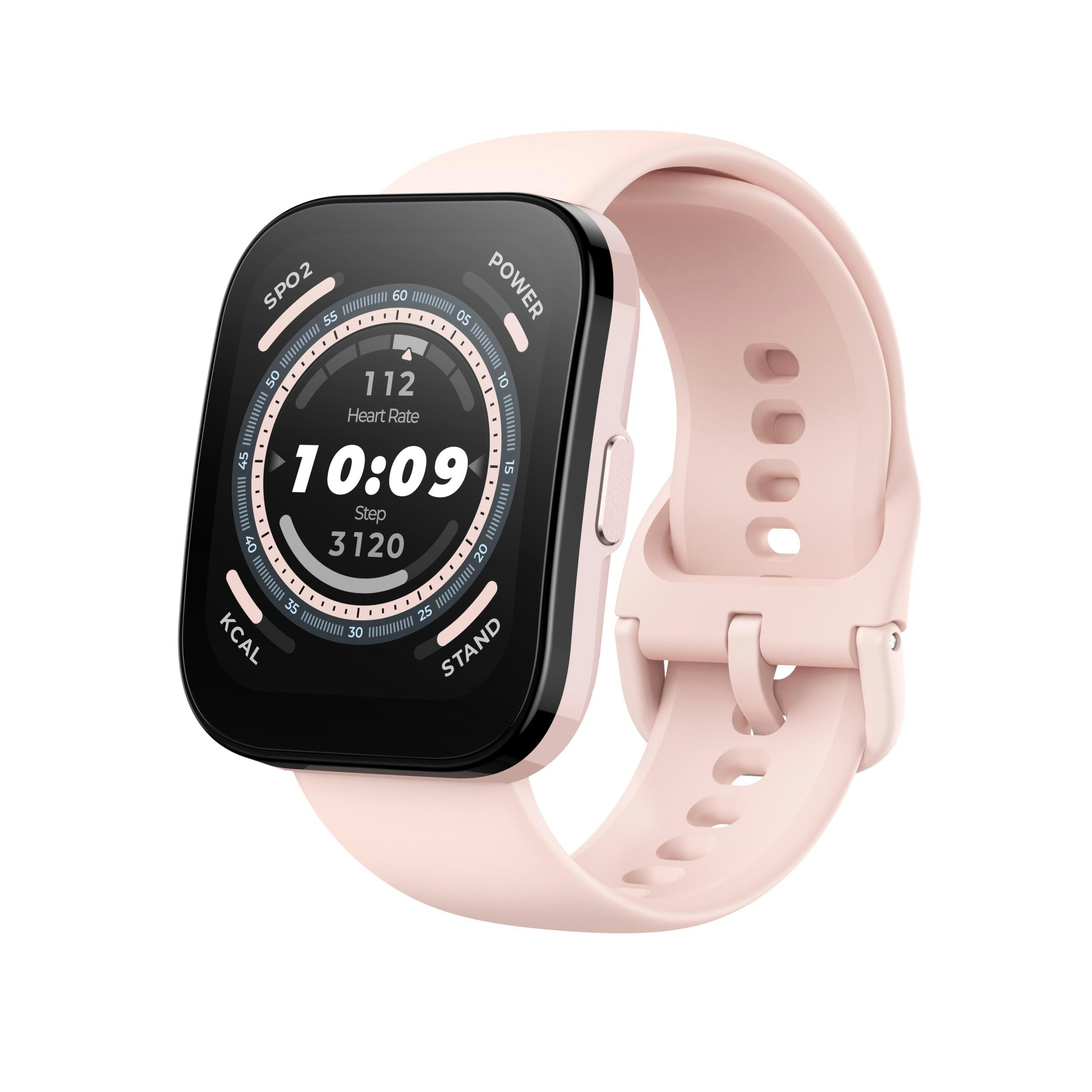 Eine rosa Smartwatch mit einem schwarzen Bildschirm, der Zeit, Herzfrequenz, Schritte und Kalorien anzeigt.