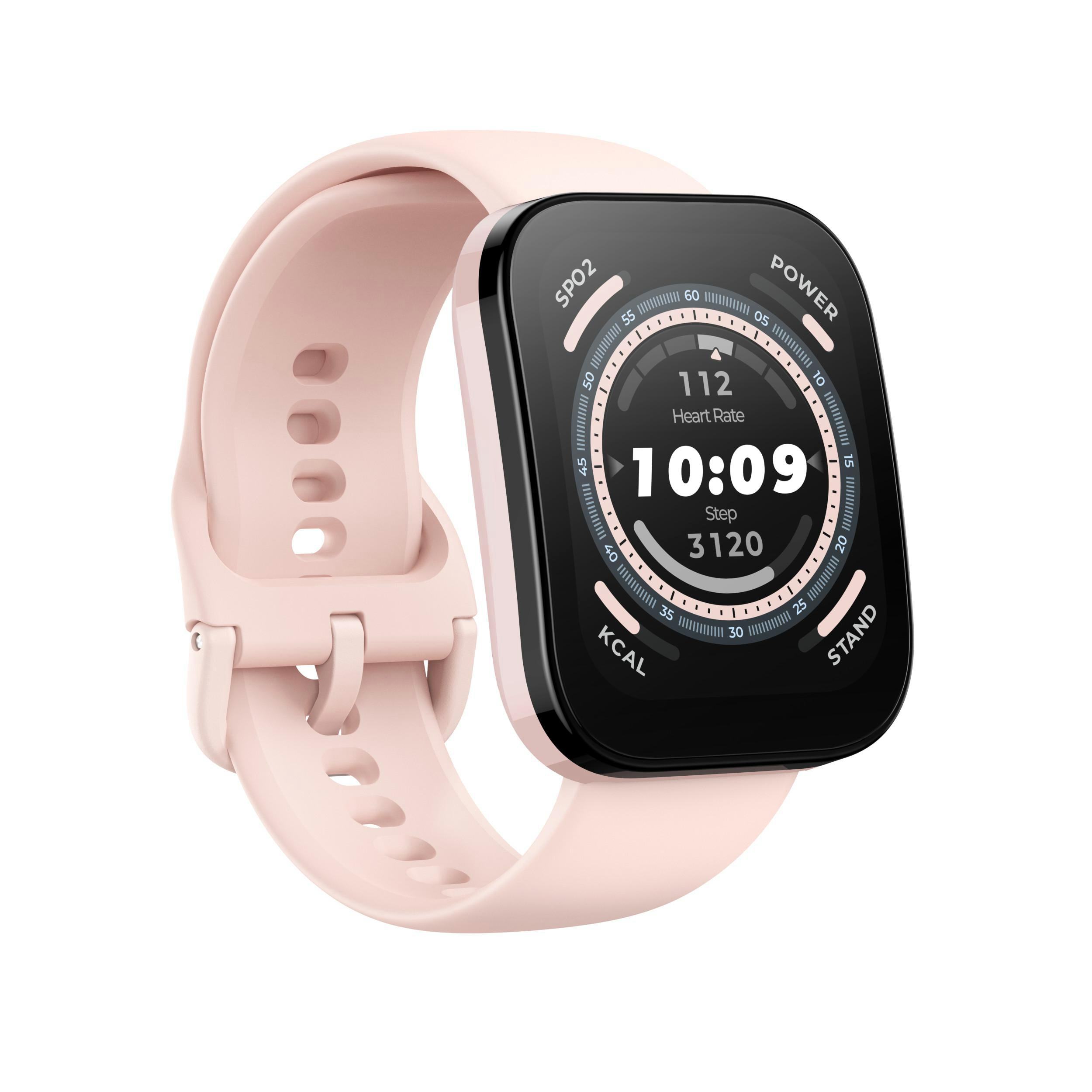 Rosa Smartwatch mit schwarzem Bildschirm, der Zeit, Herzfrequenz und Schritte anzeigt.