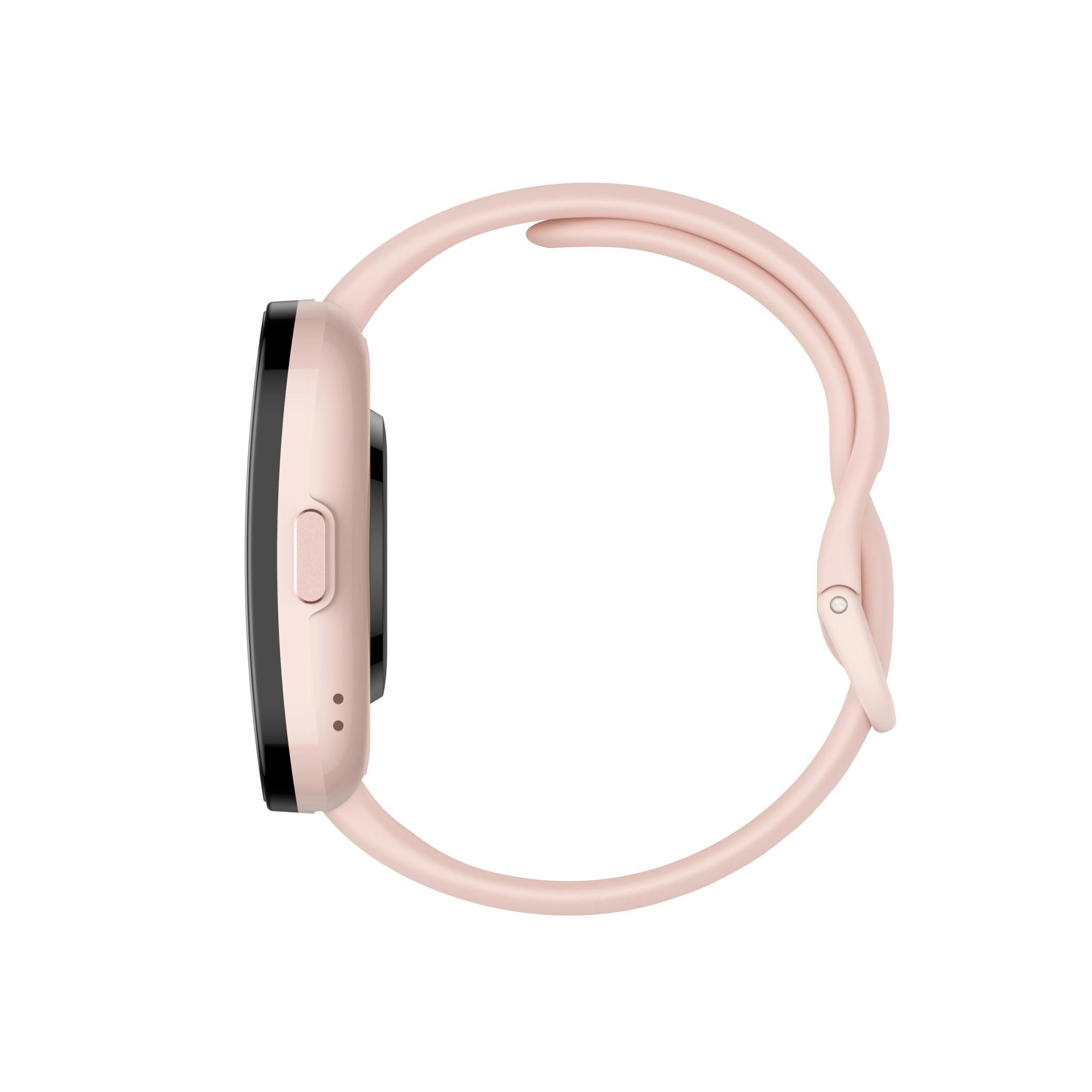 Rosafarbene Smartwatch, Seitenansicht, zeigt das Bildschirm- und Banddesign.