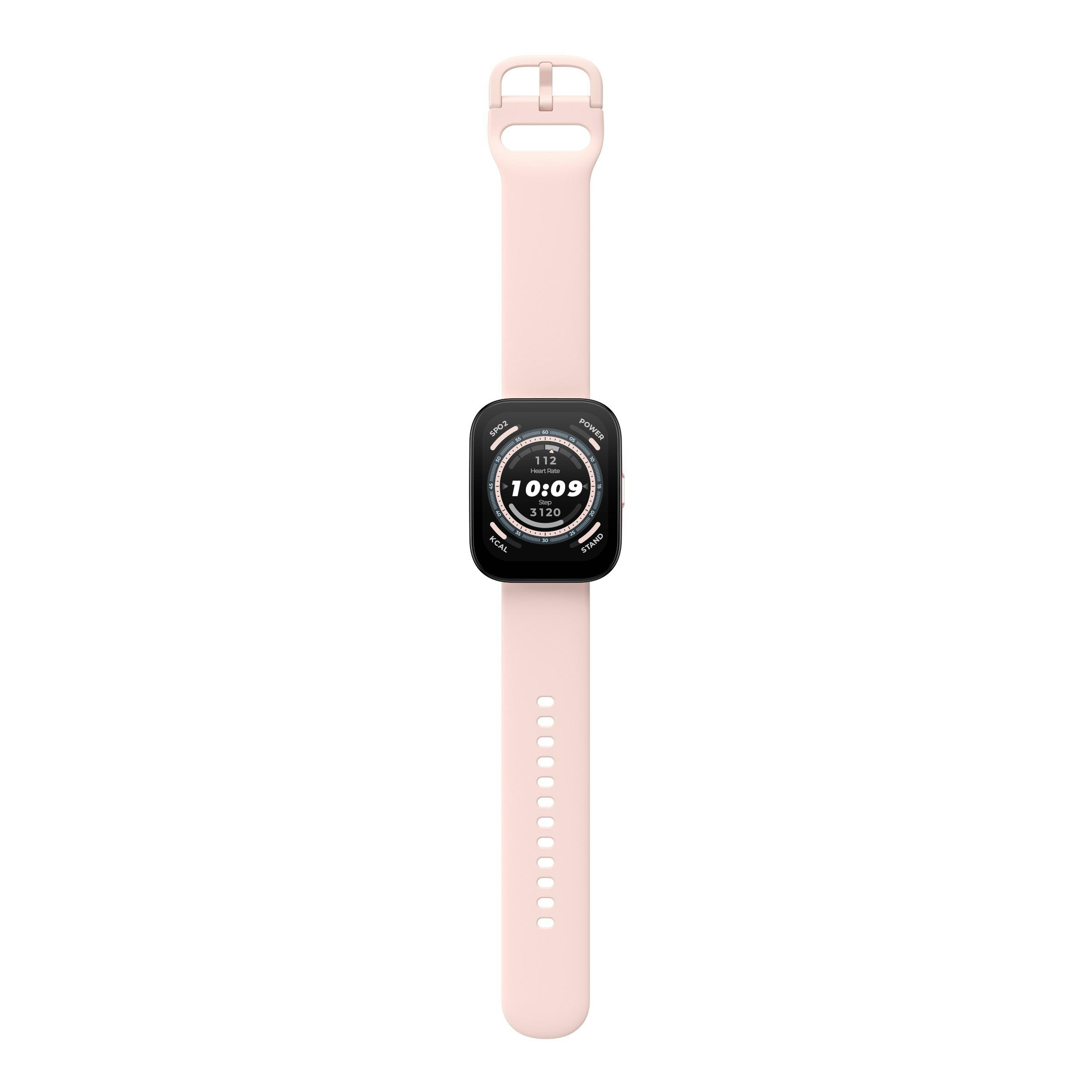 Smartwatch mit rosa Armband. Anzeige: Zeit und Gesundheitsdaten.