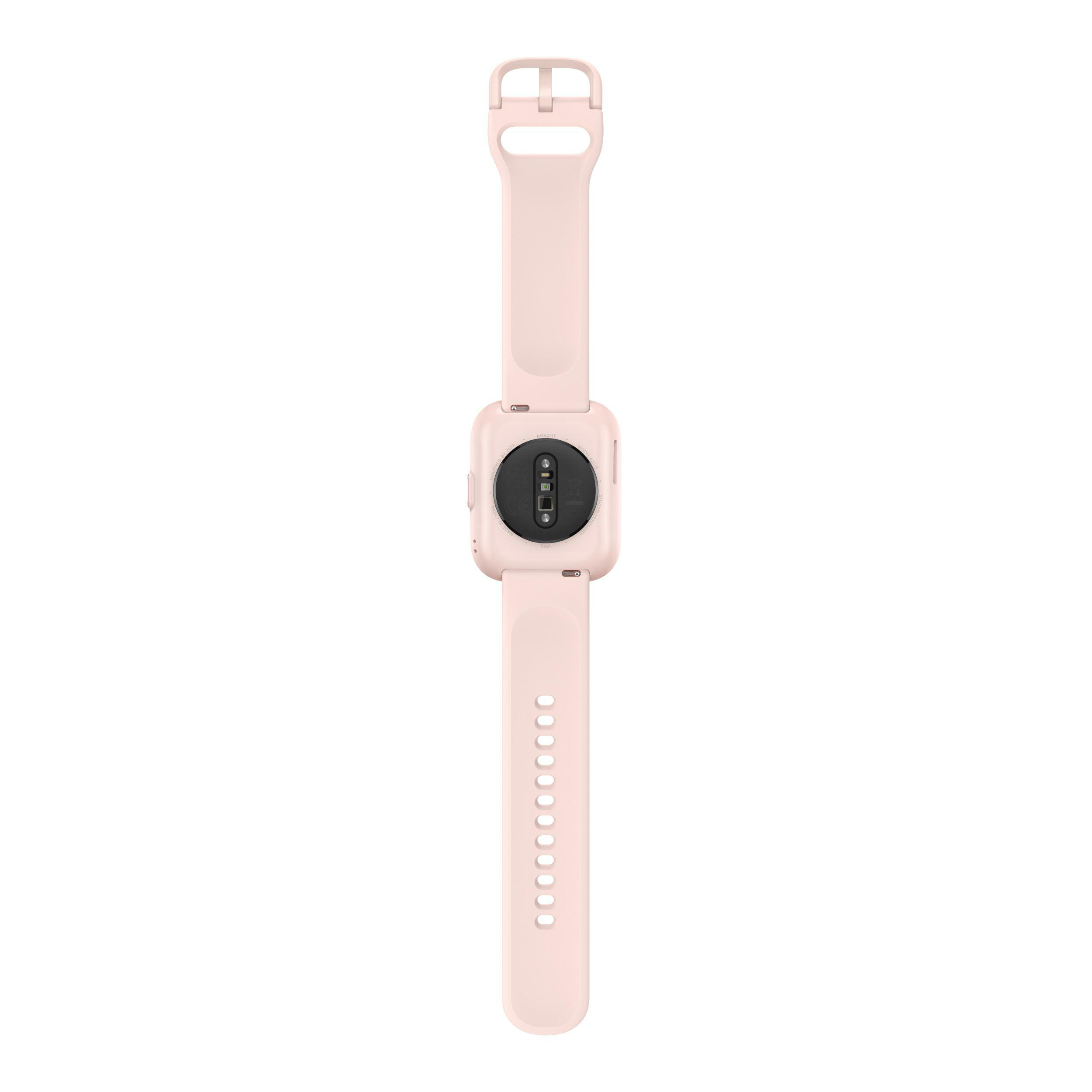 Eine rosa Smartwatch, von hinten gesehen, zeigt Sensoren und Armband.