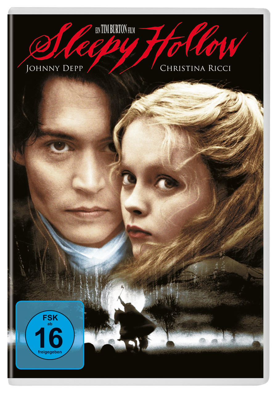 Sleepy Hollow Filmcover. Johnny Depp und Christina Ricci mit einem Reiter.