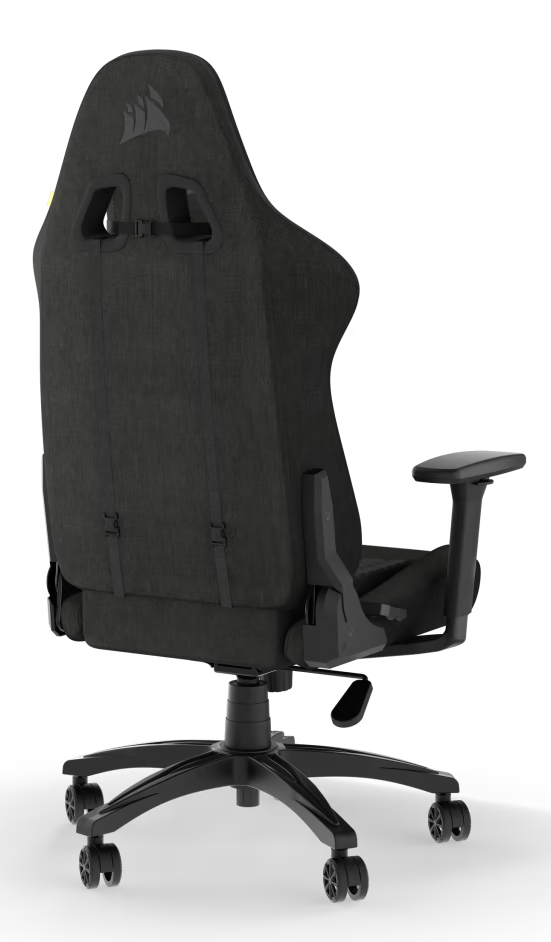 Fekete gamer szék, hátsó nézet. Fekete szövetből készült, magas háttámlával és logóval.