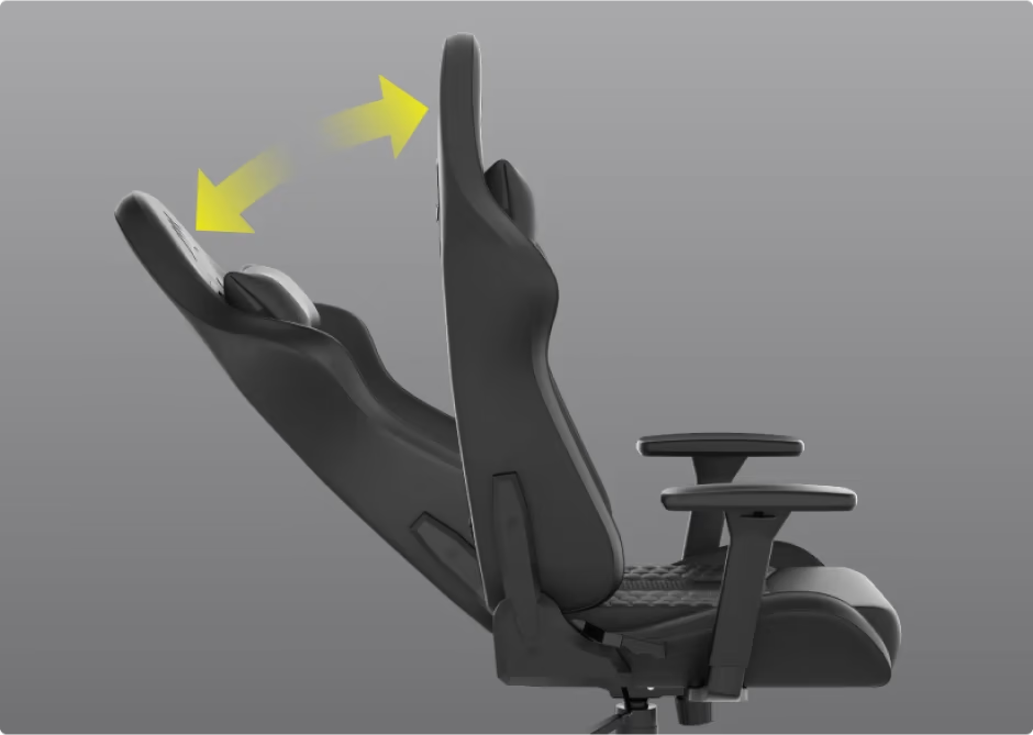 Fekete-szürke ergonomikus gamer szék hátradőlve. Sárga nyilak a fejtámla állítását jelzik.