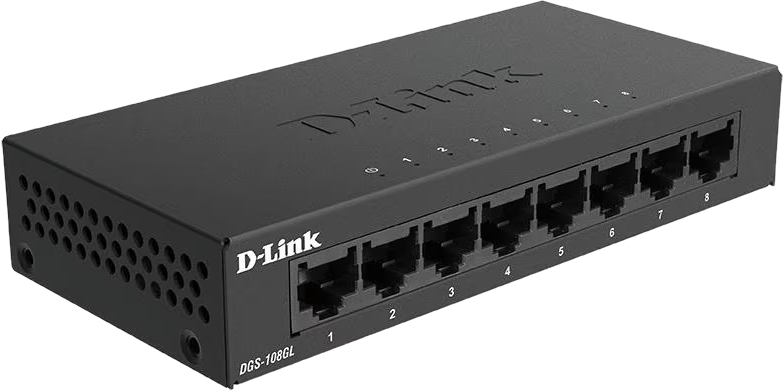 Un switch Gigabit D-Link noir à 8 ports avec ports numérotés.
