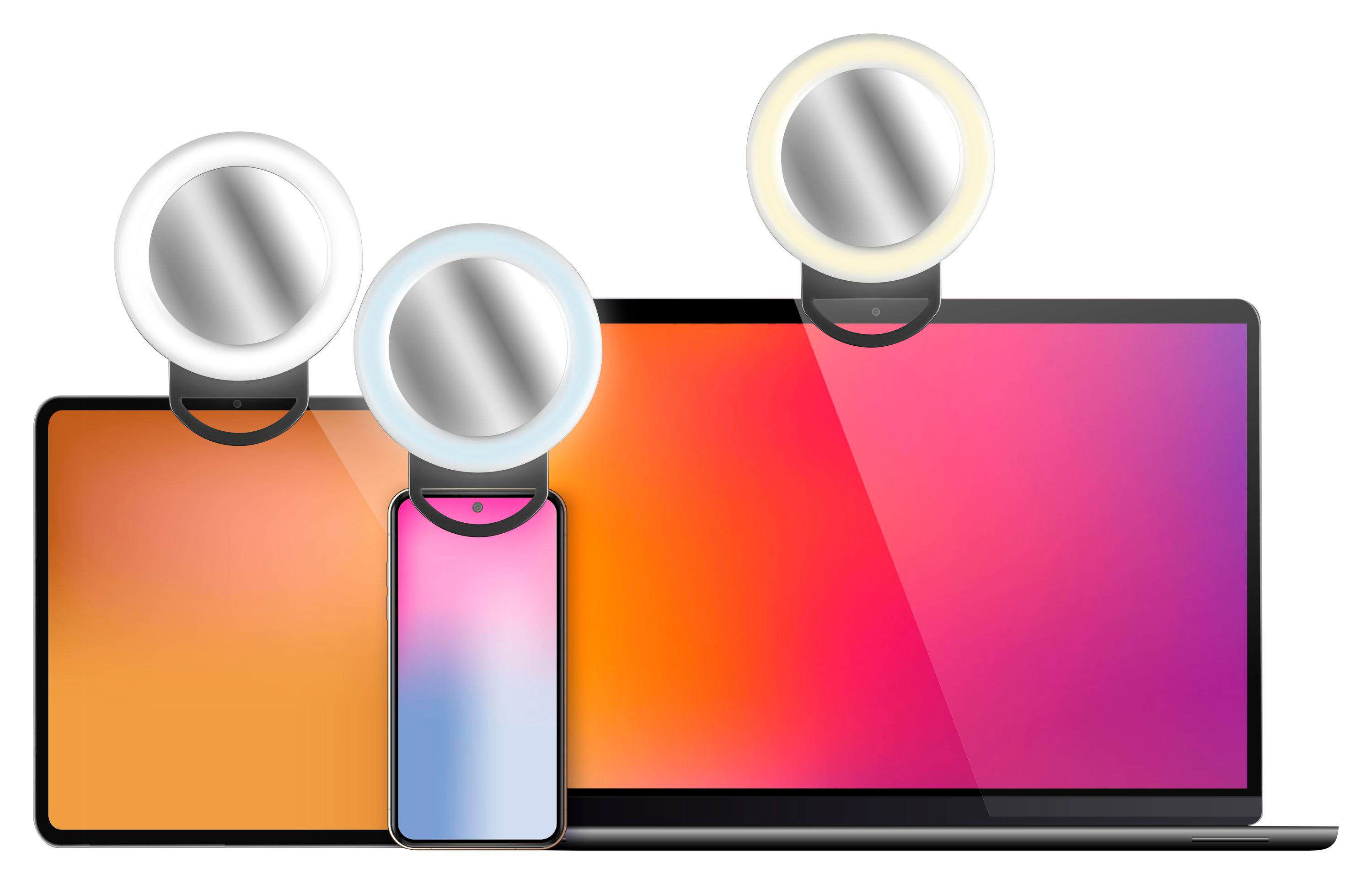 Ringlichter auf Geräten: Tablet, Telefon und Laptop. Weißer Hintergrund mit Farbverläufen.