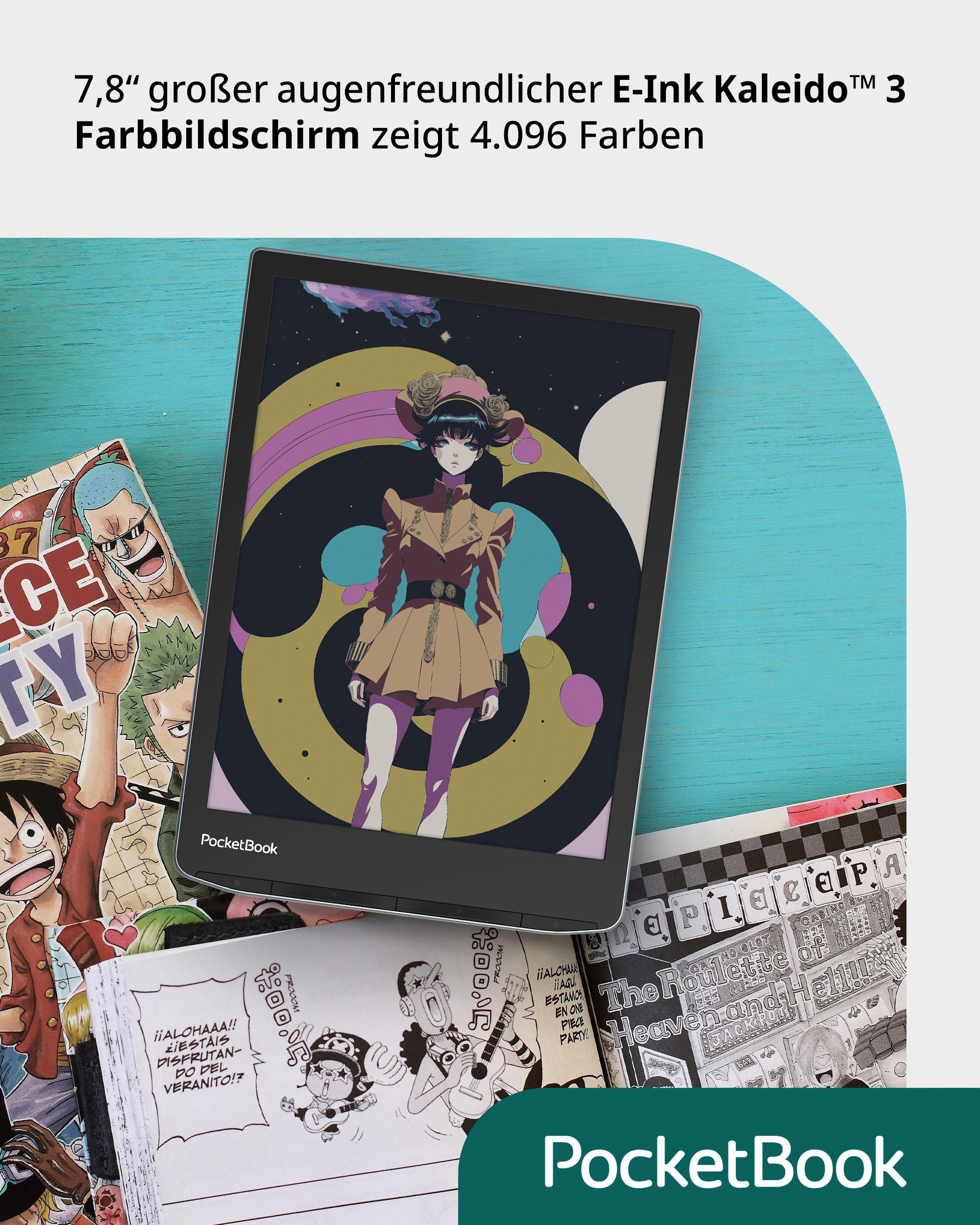 Ein PocketBook E-Reader mit farbigem Display und Manga-Seiten drumherum.