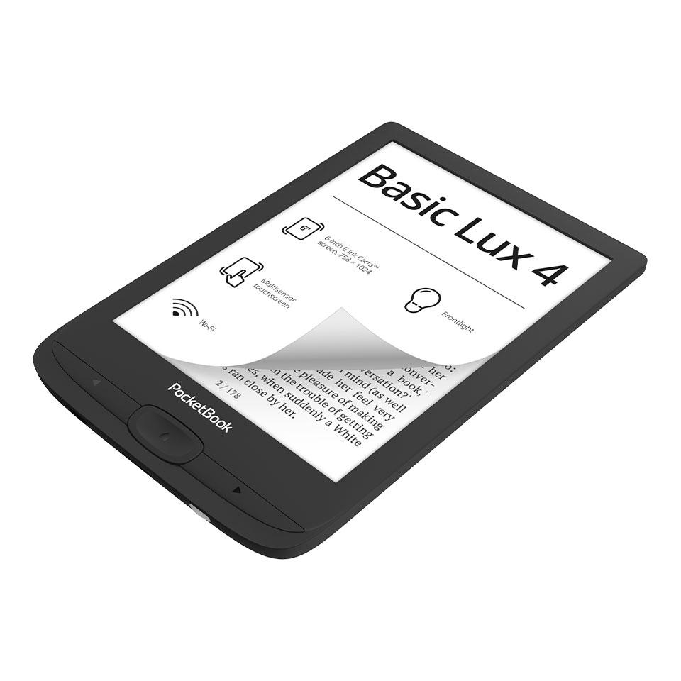 Ein schwarzer E-Reader mit dem Text Basic Lux 4. Der Bildschirm zeigt Text.