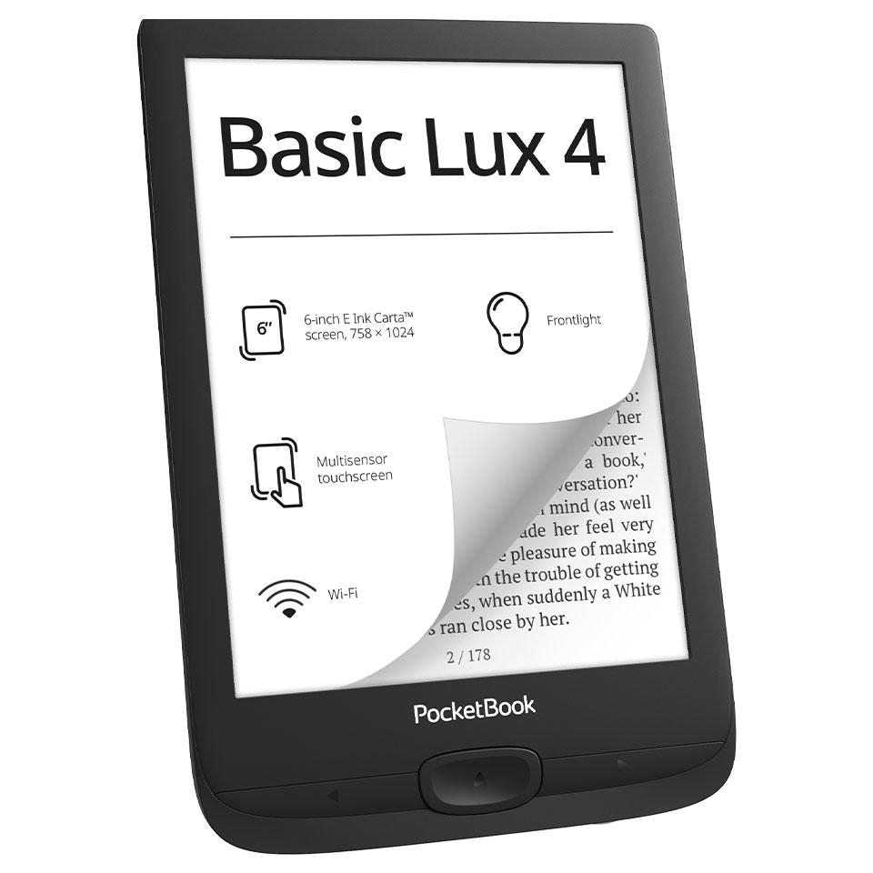 Schwarzer E-Reader, der Text auf einem weißen Bildschirm mit Symbolen und Funktionen zeigt.