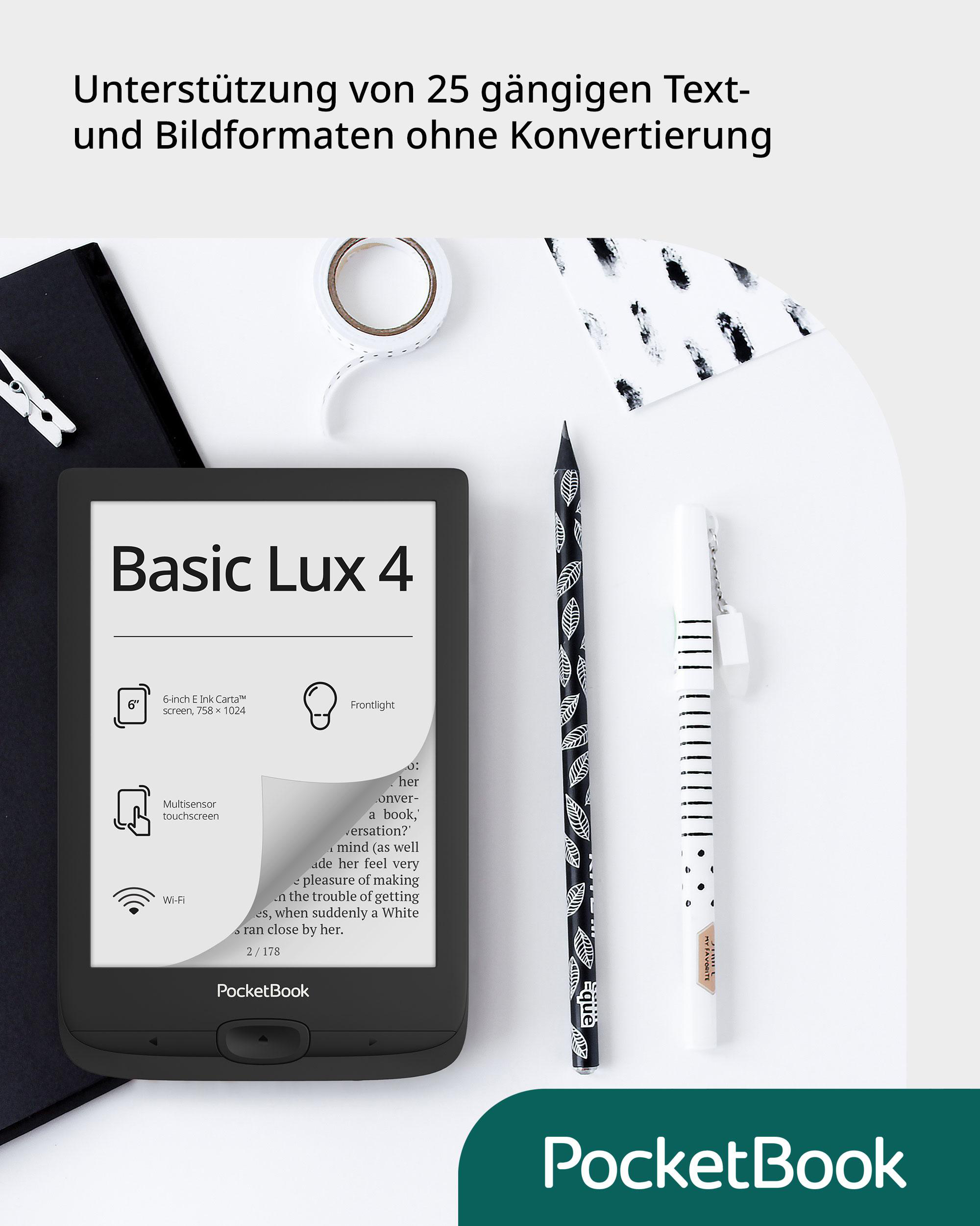 Ein E-Reader mit schwarzem Bildschirm zeigt Text an. Ein Bleistift, Klebeband und ein Stift liegen auf dem Schreibtisch.