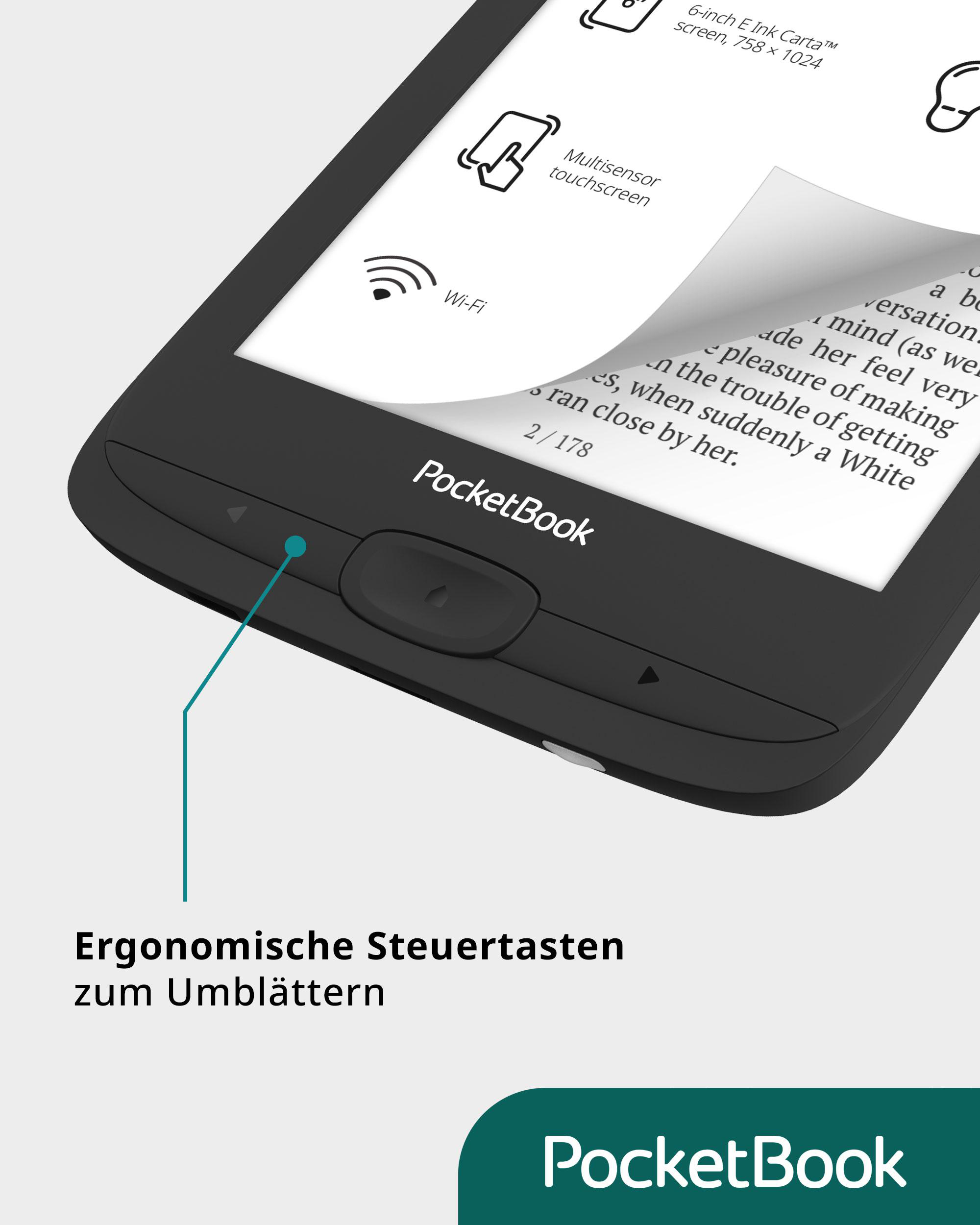 PocketBook E-Reader, schwarz, Nahaufnahme. Text auf dem Bildschirm, Icons, Knöpfe.