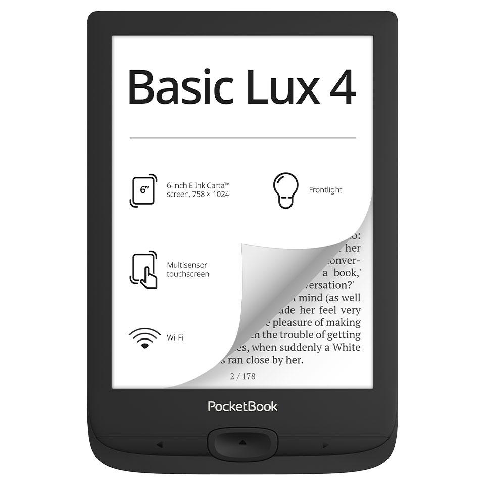 Schwarzer E-Reader mit weißem Bildschirm mit Text. Merkmale: Touchscreen und Wi-Fi. Marke: PocketBook.