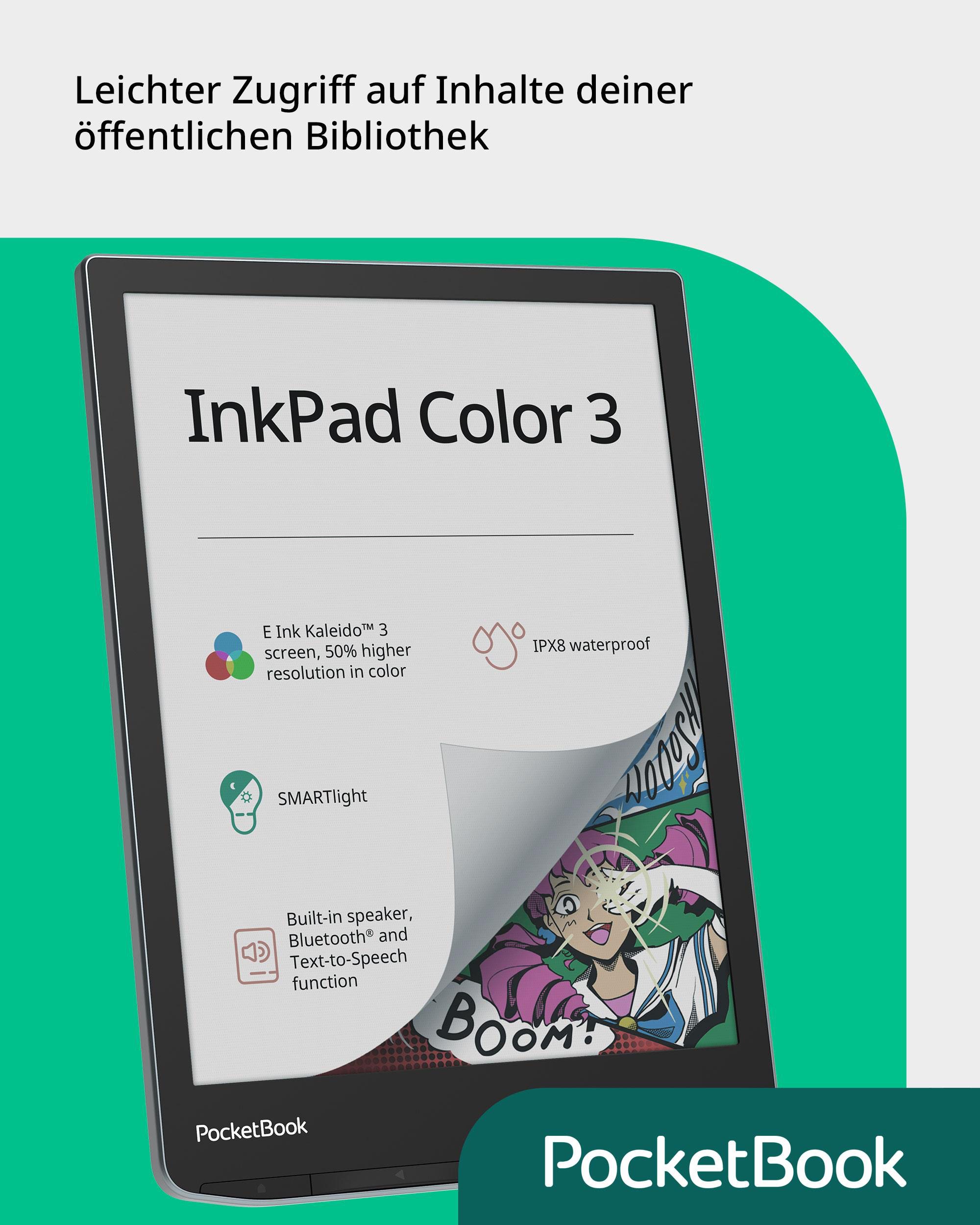 E-Reader mit farbenfrohem Cover, Text und Illustrationen zeigend, mit Produktdetails.