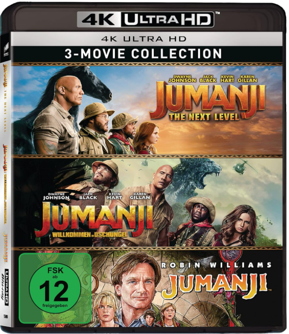 Eine 4K Ultra HD Filmsammlung-Box-Set mit 'Jumanji'-Filmen, Filmtitel sichtbar.