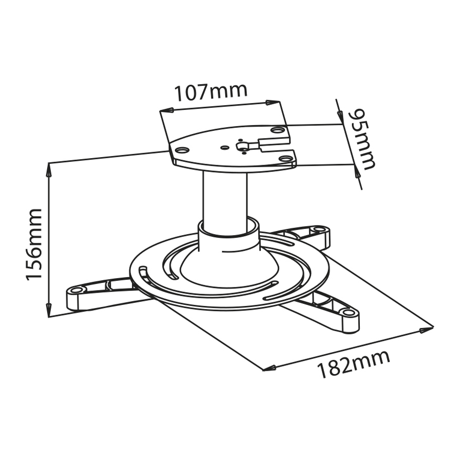 Egy projektortartó diagramja, méretmérésekkel milliméterben.