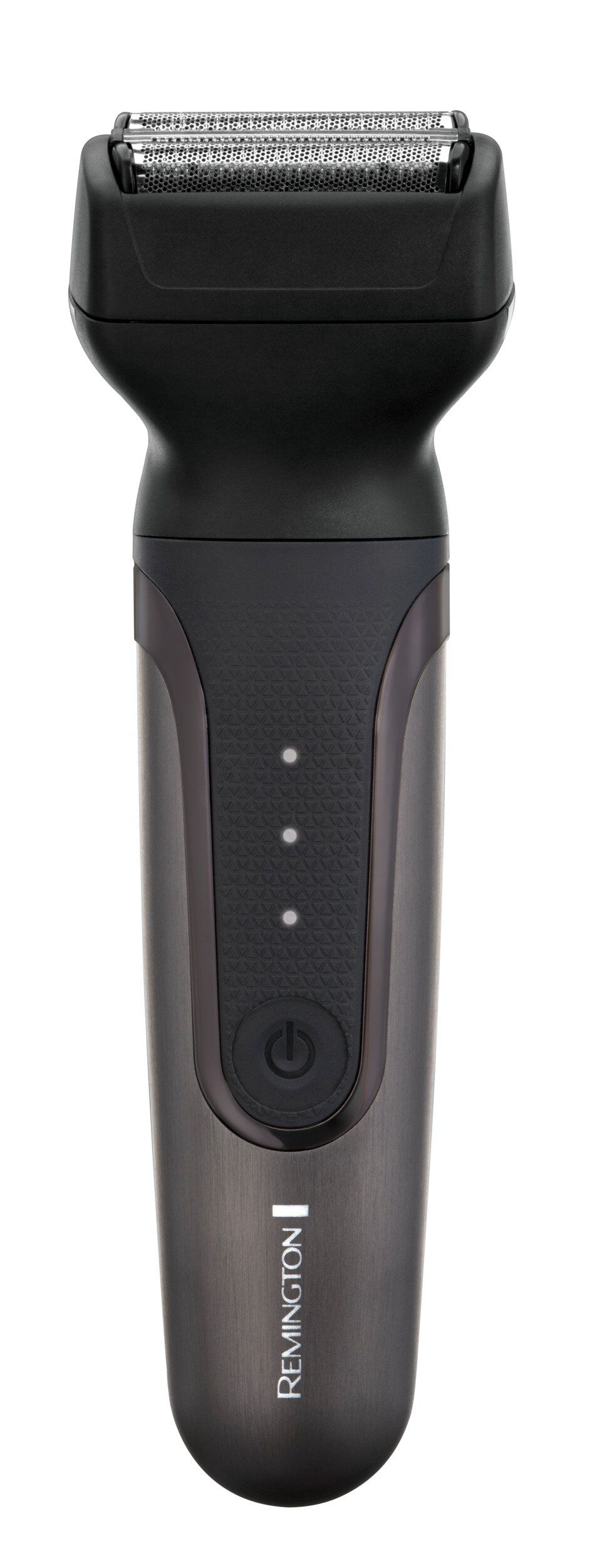 Golarka elektryczna. Czarna i szara z przyciskiem zasilania i wskaźnikami.