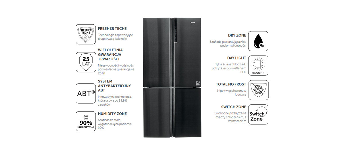 Czarna lodówka z wieloma drzwiami i ikonami. Tekst po polsku, pokazujący funkcje i szczegóły gwarancji.