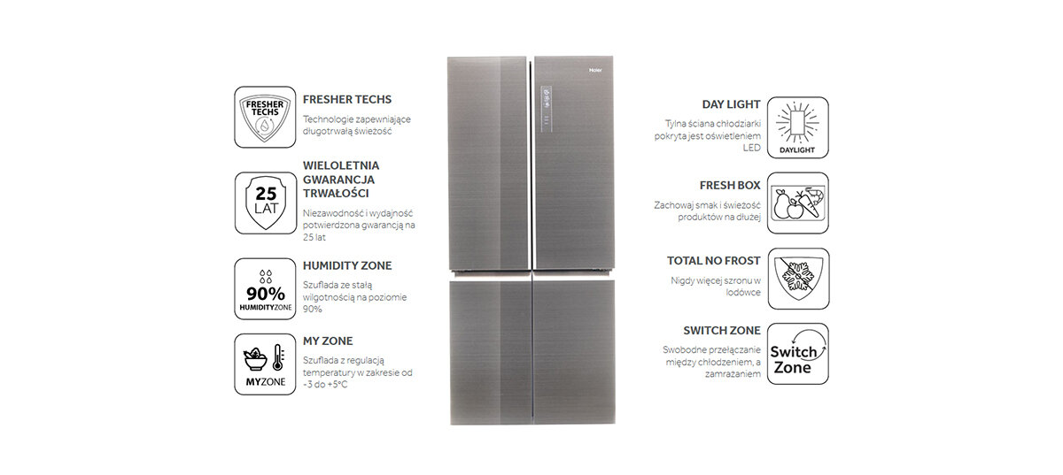 Lodówka Haier ze stali nierdzewnej z czterema drzwiami i ikonami.