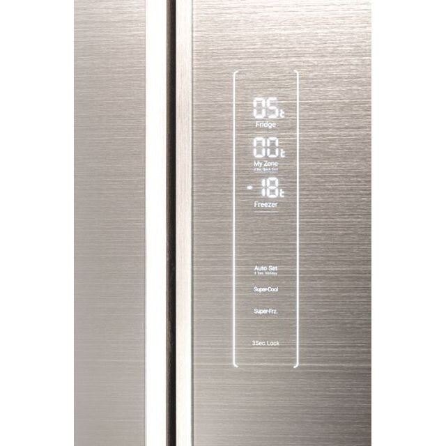 Drzwi lodówki z wyświetlaczem pokazującym ustawienia temperatury. Wykończenie ze stali nierdzewnej.