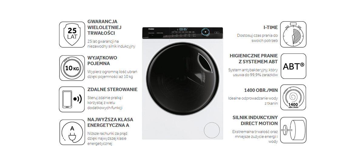 Biała pralka Haier z czarnymi drzwiami. Widoczne ikony i tekst na pralce.