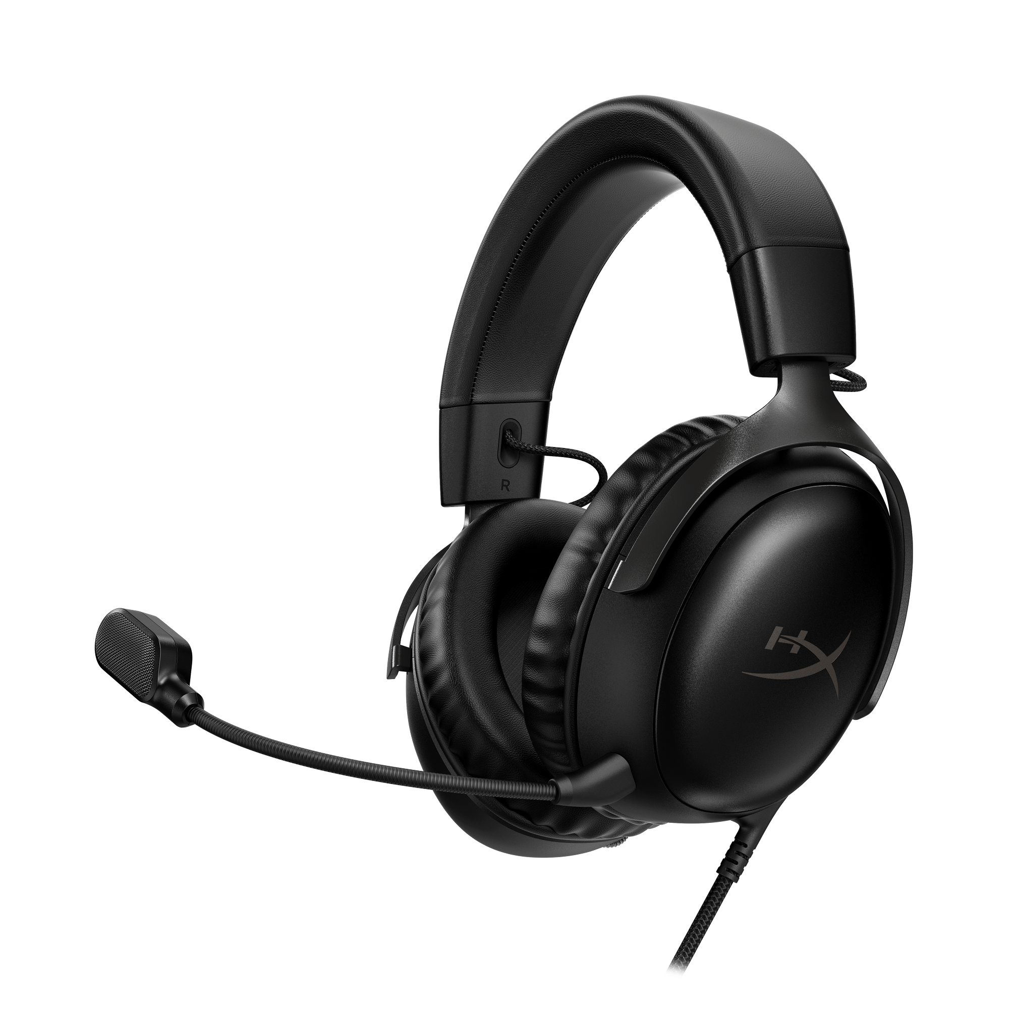 Auriculares gaming negros con micrófono y cable. Los auriculares tienen un logotipo en la orejera.