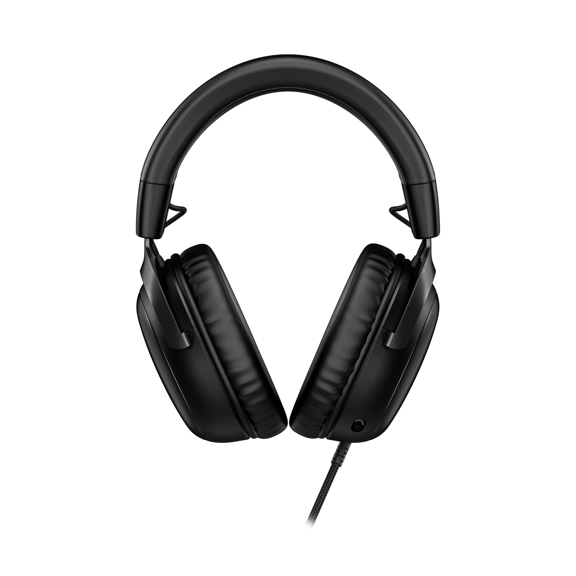 Auriculares negros con auriculares, diadema y cable, sobre un fondo negro.