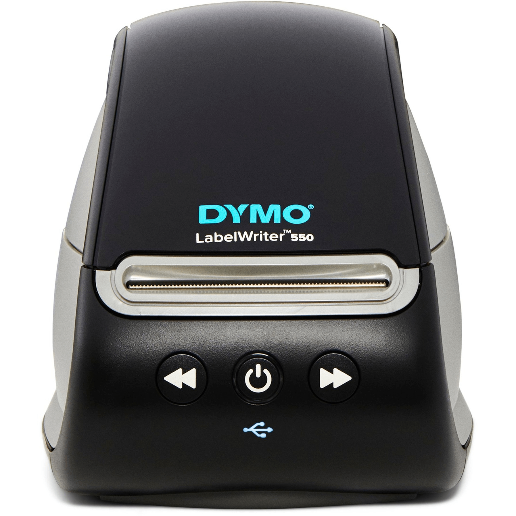 Impresora de etiquetas Dymo LabelWriter 550 negra y gris con botones de encendido, rebobinado y avance.