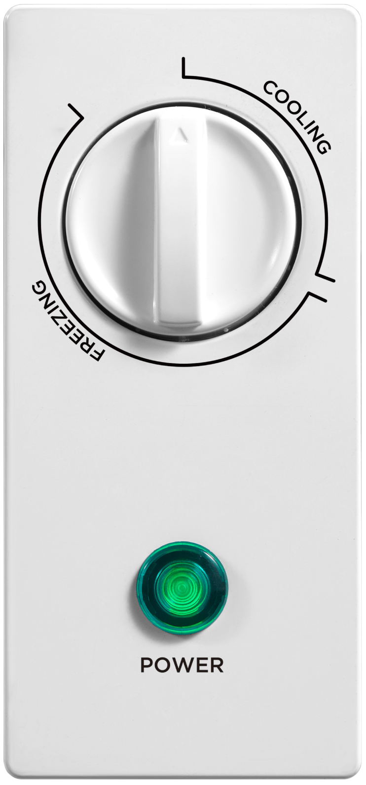 Panel de control blanco con dial giratorio 'Congelando' y 'Enfriando', y luz verde de encendido.