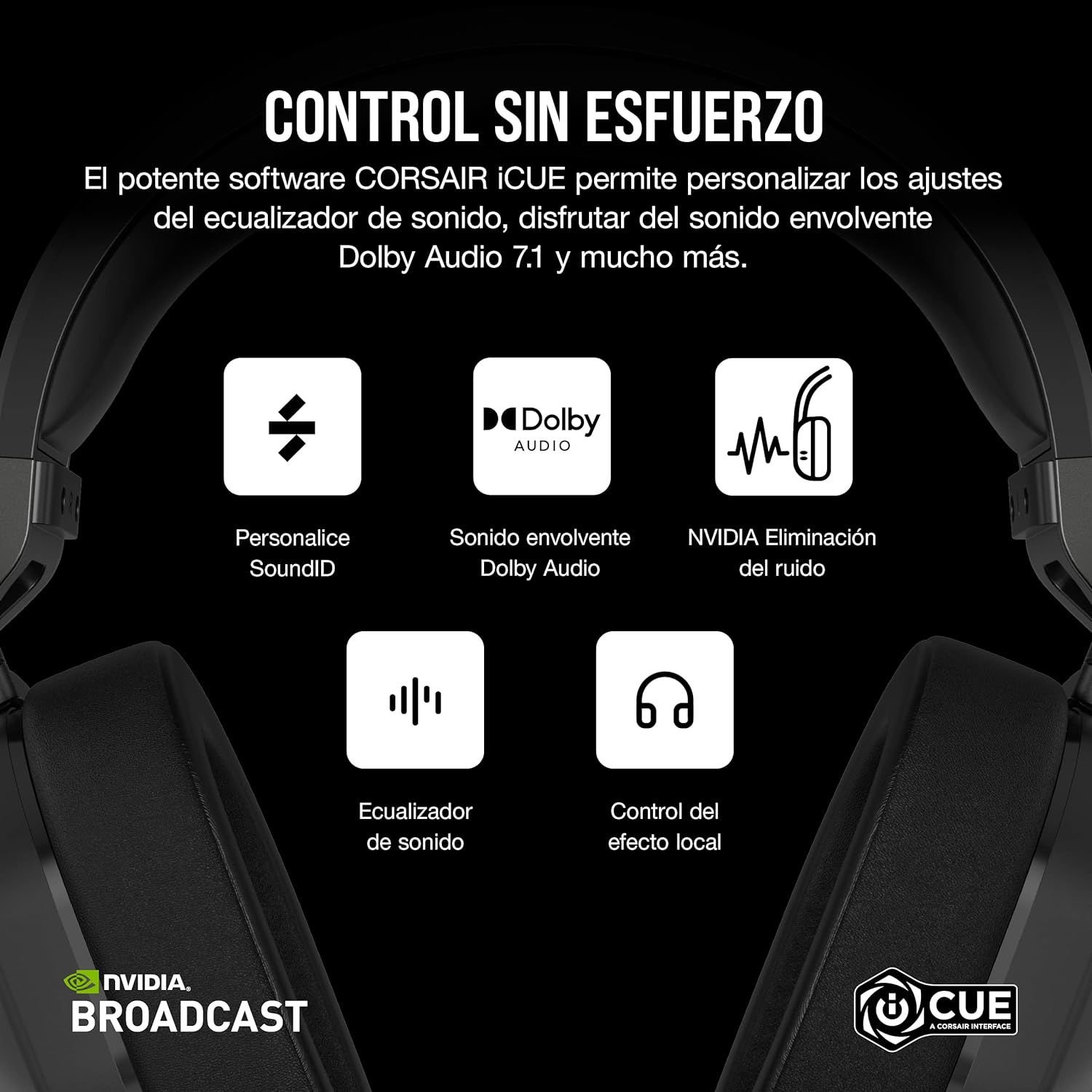 Auriculares con opciones de control, incluyendo Dolby Audio y ajustes de sonido.