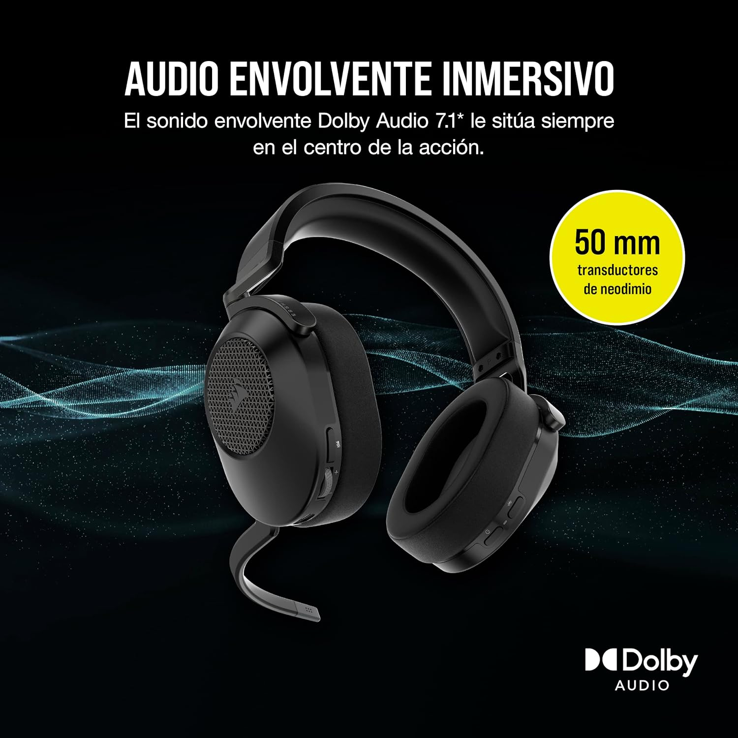 Auriculares negros con micrófono. El texto dice 'Dolby Audio' y '50 mm' en la imagen.