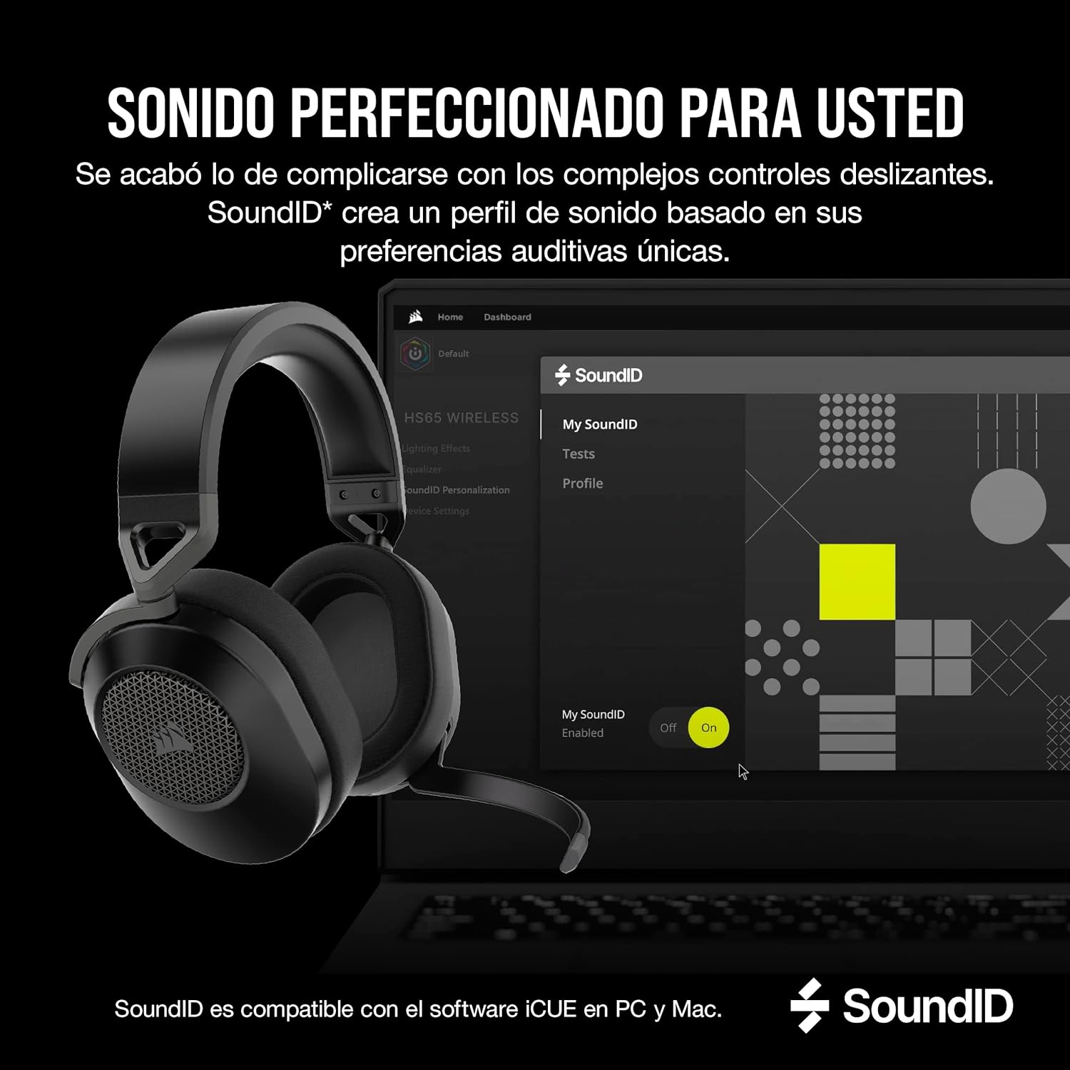 Auriculares negros en una laptop que muestra una interfaz SoundID. La pantalla muestra blanco y amarillo.