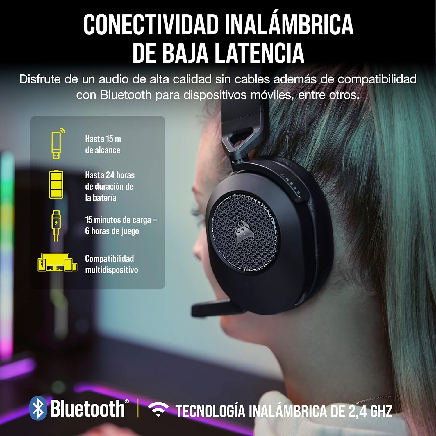 Una mujer con auriculares negros con texto. Se muestra Bluetooth y tecnología inalámbrica.