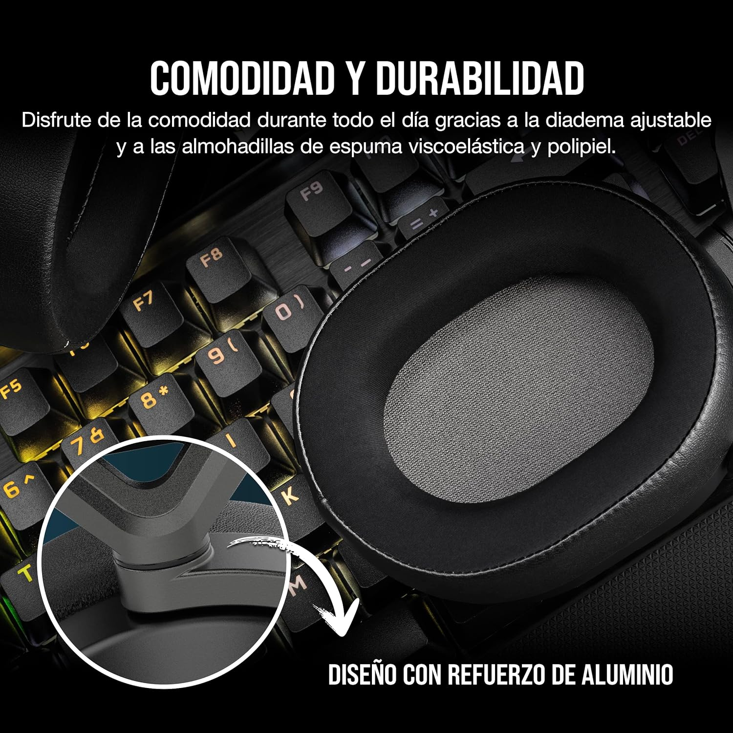 Auriculares en teclado con texto 'COMODIDAD Y DURABILIDAD' y 'DISEÑO CON REFUERZO DE ALUMINIO'.