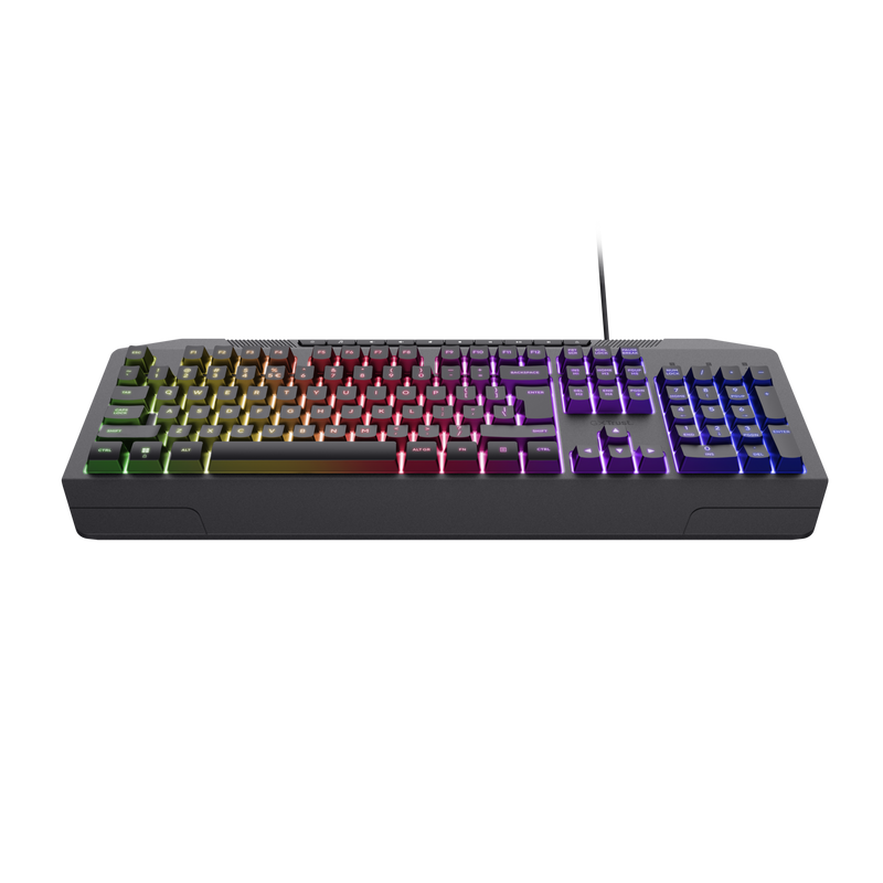 Teclado para juegos negro con teclas iluminadas multicolores y cable.