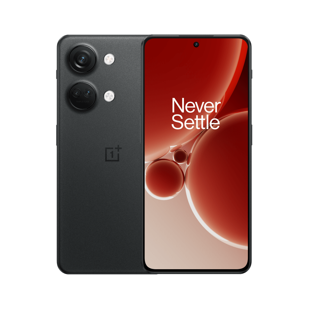 Smartphone con parte trasera negra y pantalla roja que muestra texto en la parte delantera.