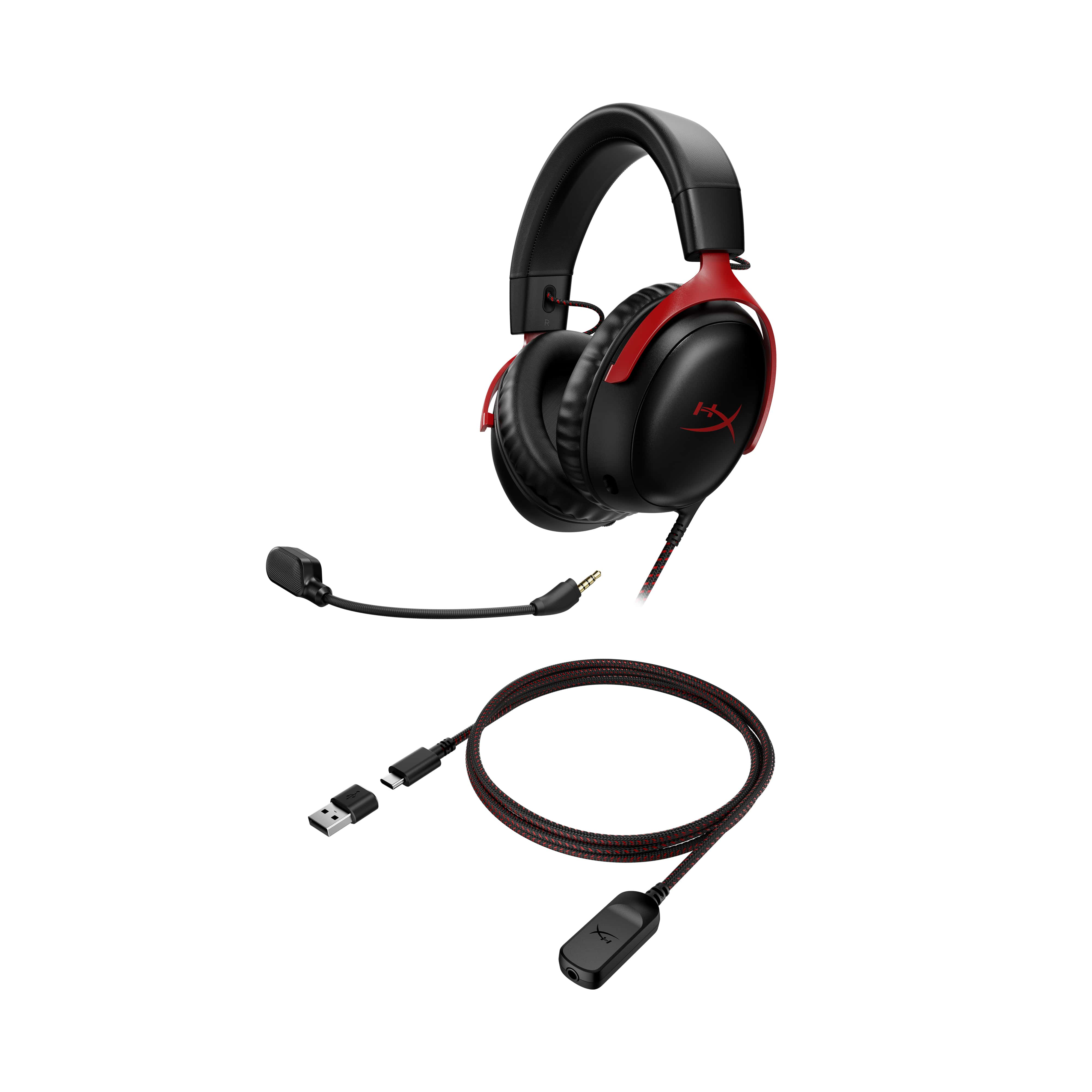 Auriculares para juegos negros y rojos con micrófono y cable USB.