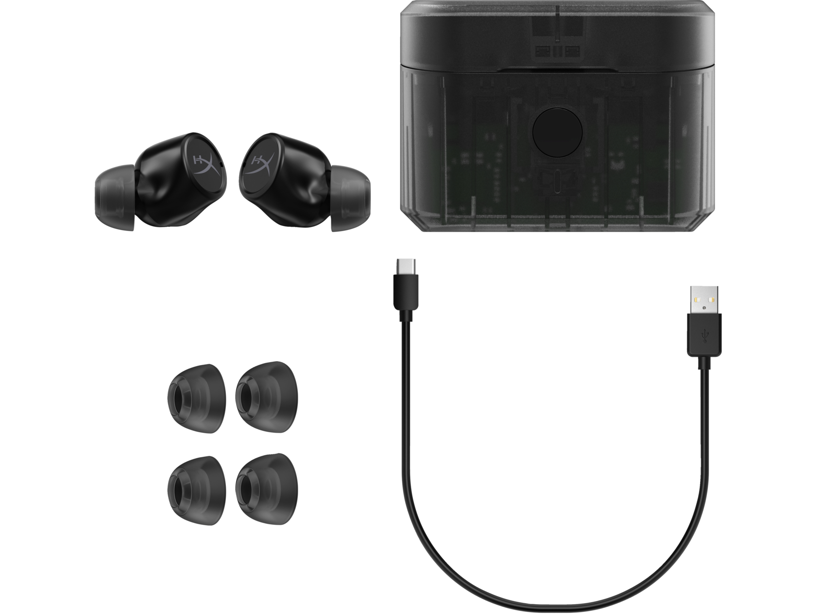 Auriculares inalámbricos negros, estuche, puntas extra y cable.