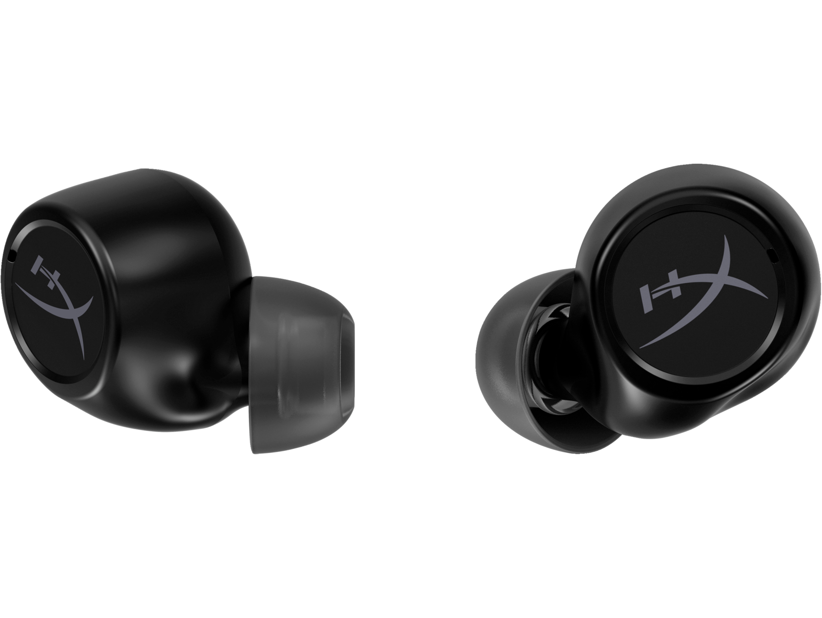 Dos auriculares inalámbricos HyperX negros. El izquierdo tiene una punta transparente.