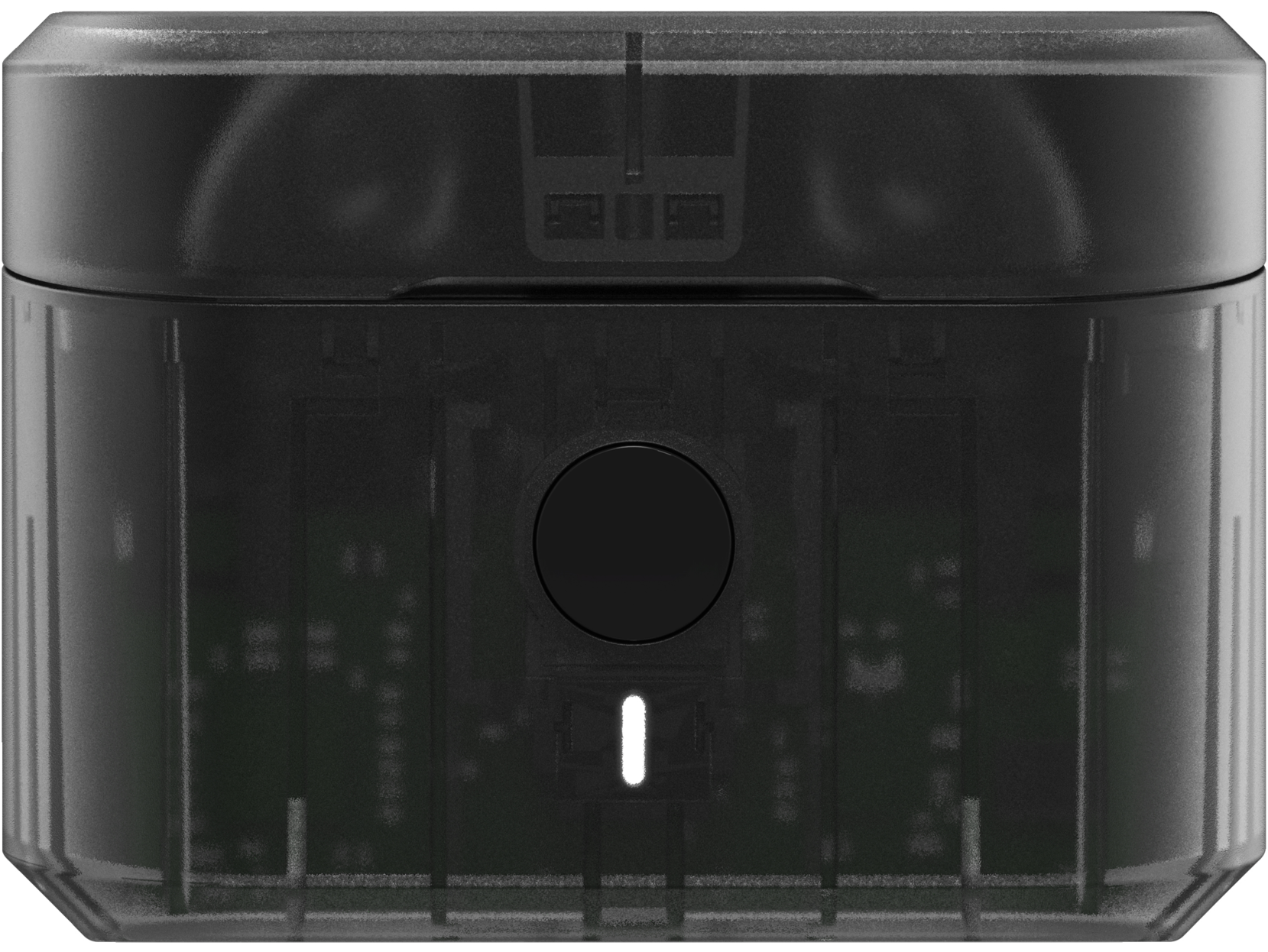 Un dispositivo negro transparente con una placa de circuito visible y un botón, vista superior.