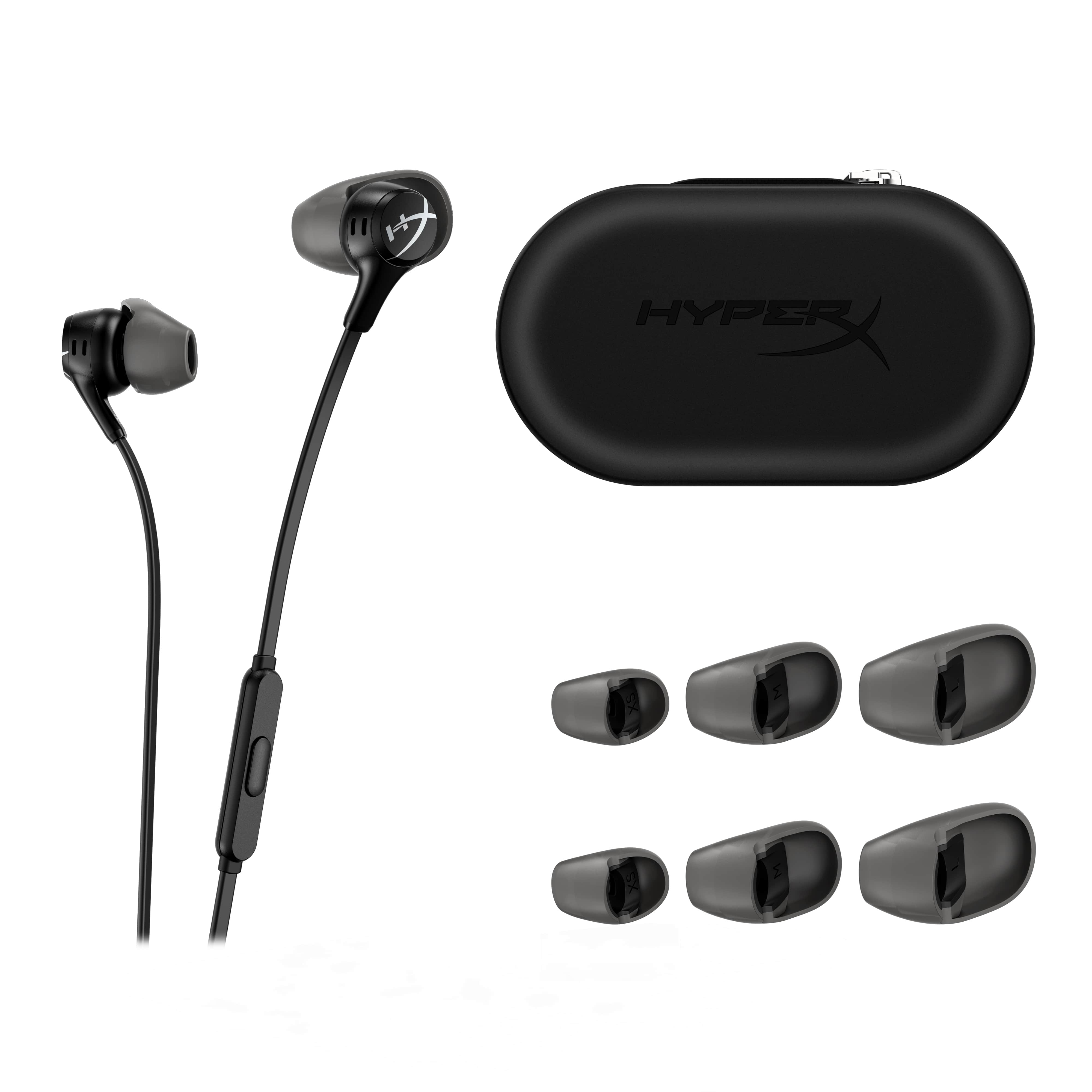 Auriculares con estuche y puntas adicionales. Combinación de colores negros. Logotipo HyperX visible.
