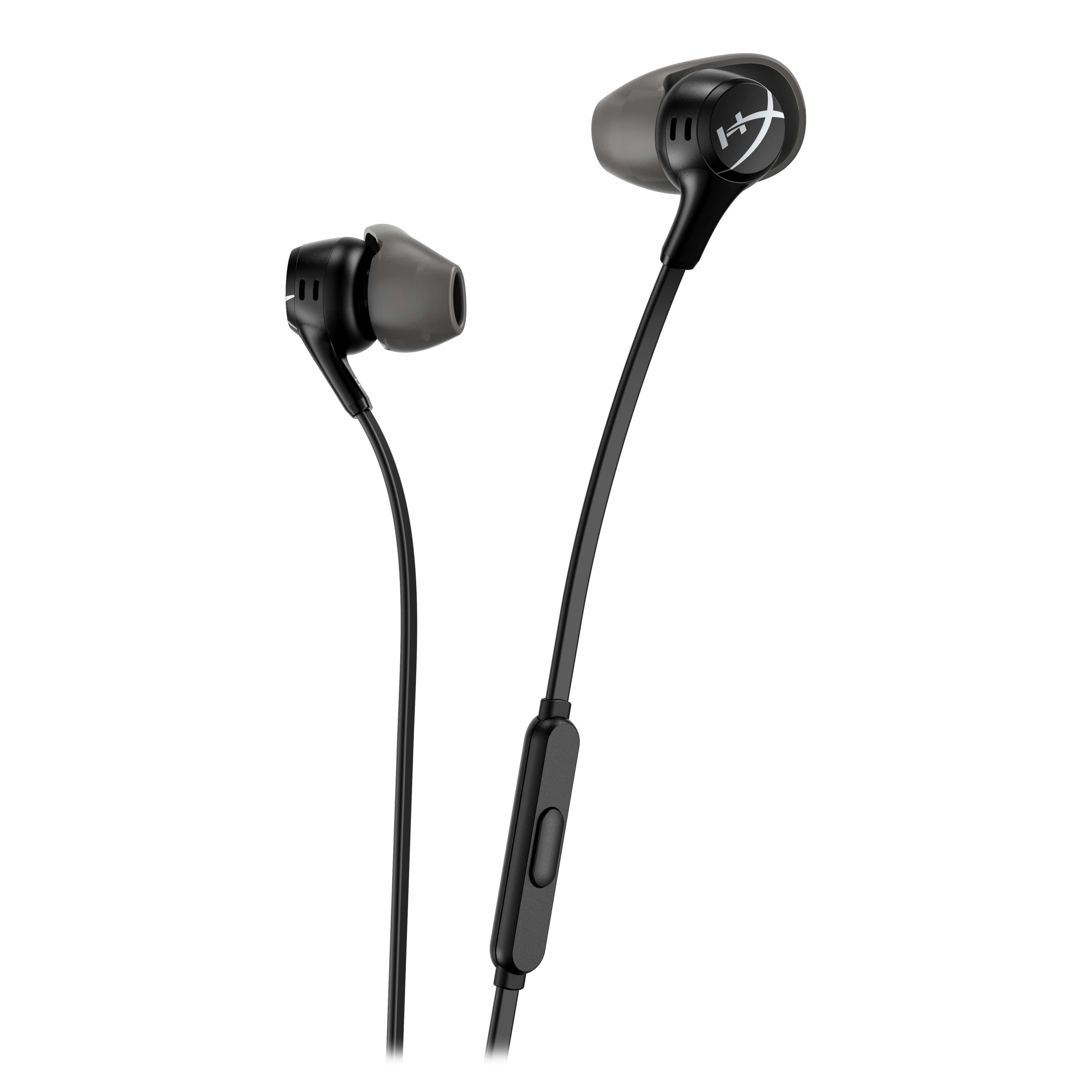 Auriculares internos HyperX negros, vista en ángulo, fondo blanco.
