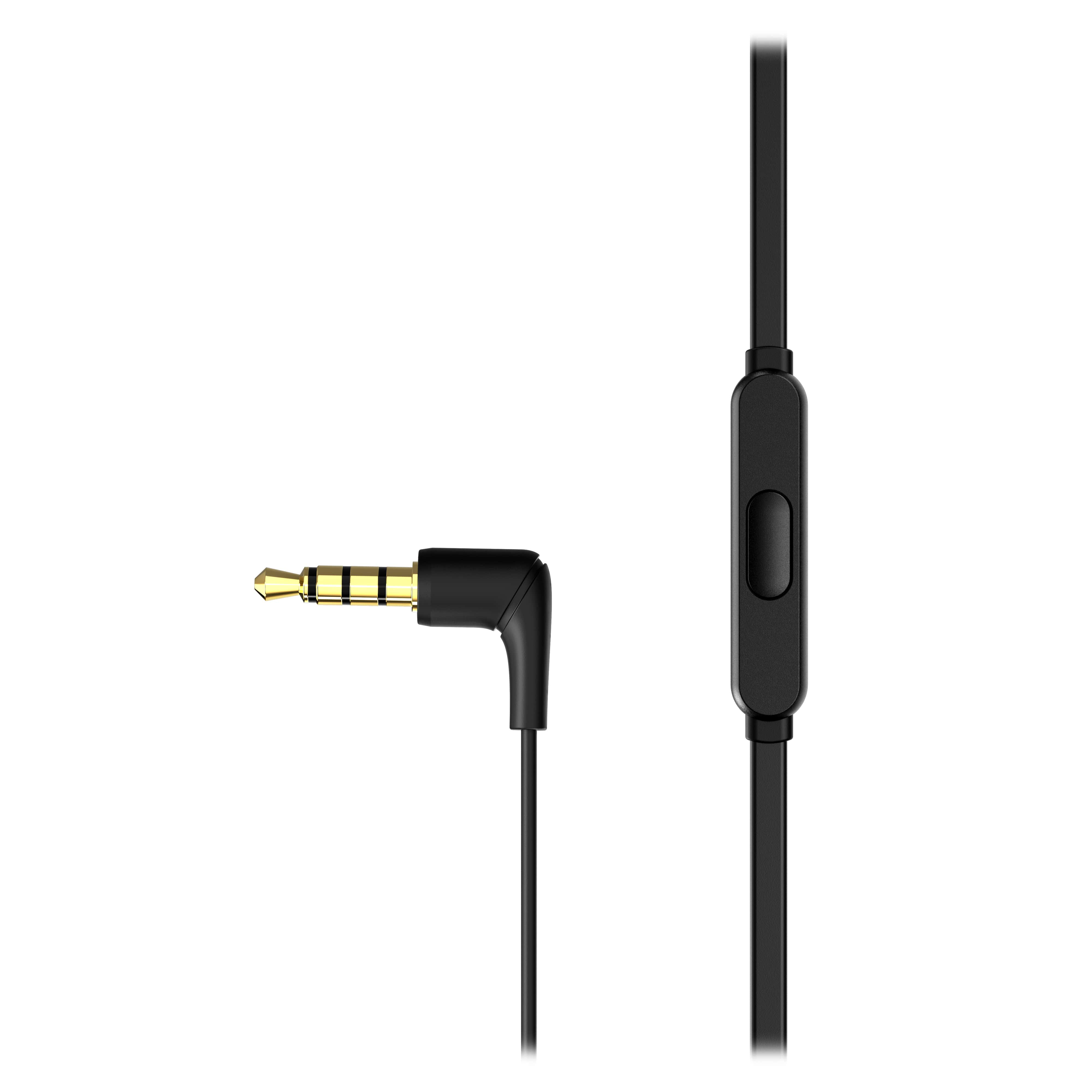 Conector de auriculares negro con punta dorada. Sobre fondo blanco.