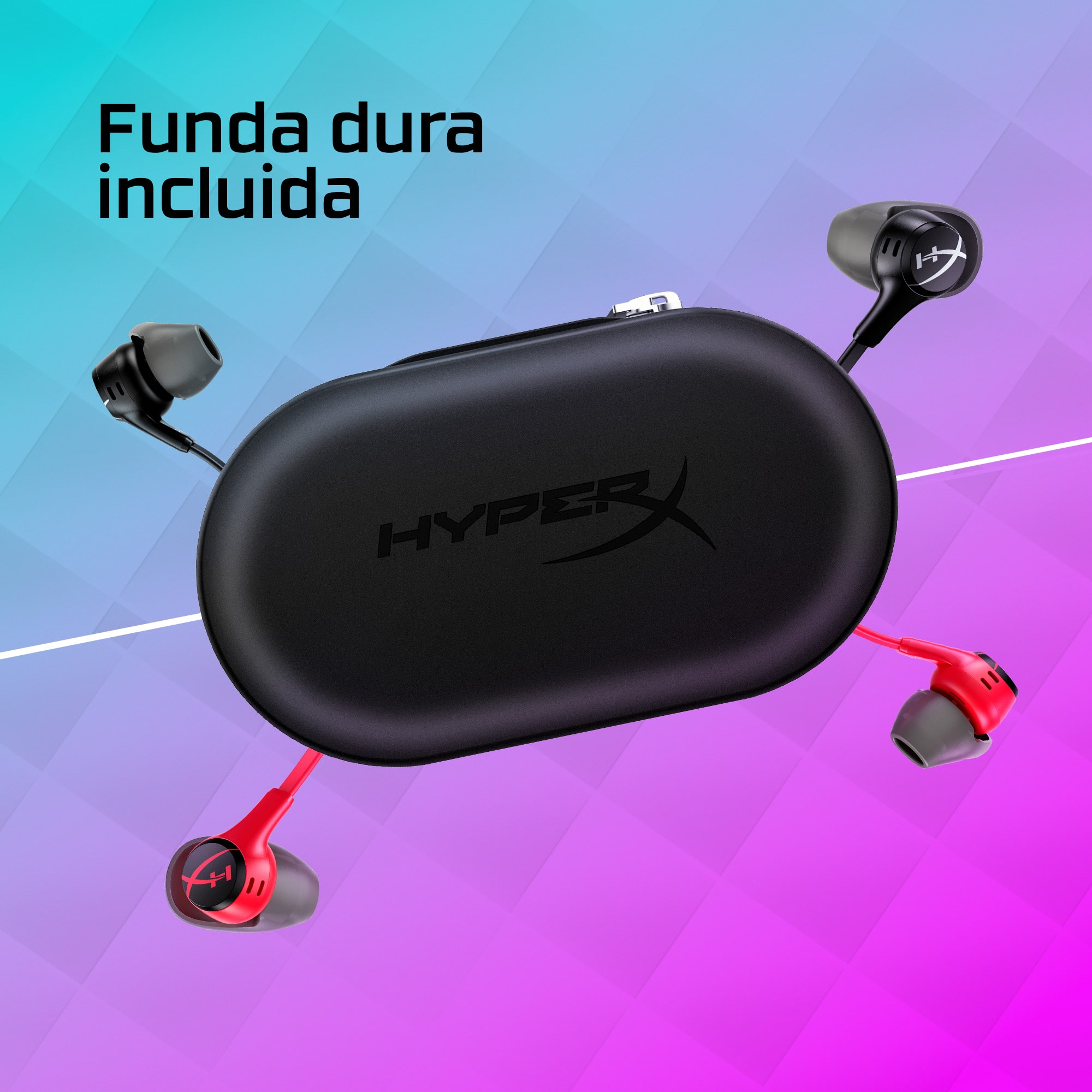 Auriculares y estuche sobre fondo degradado.