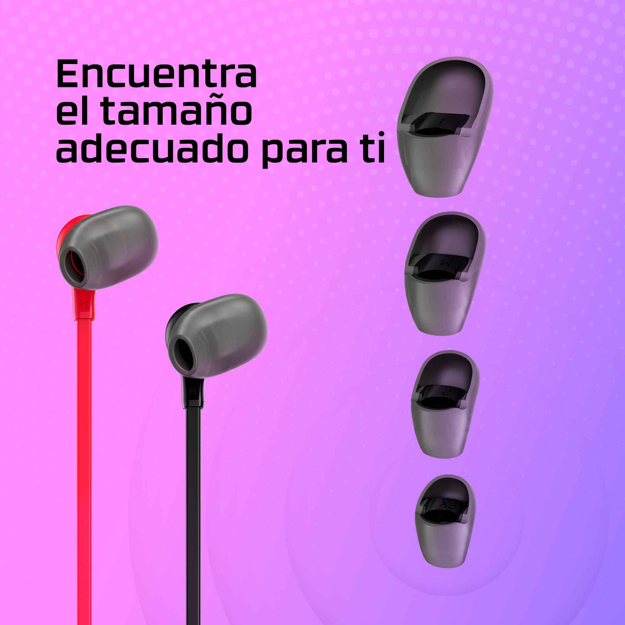 Auriculares con puntas. Puntas grises en cables rojos y negros. Fondo morado.