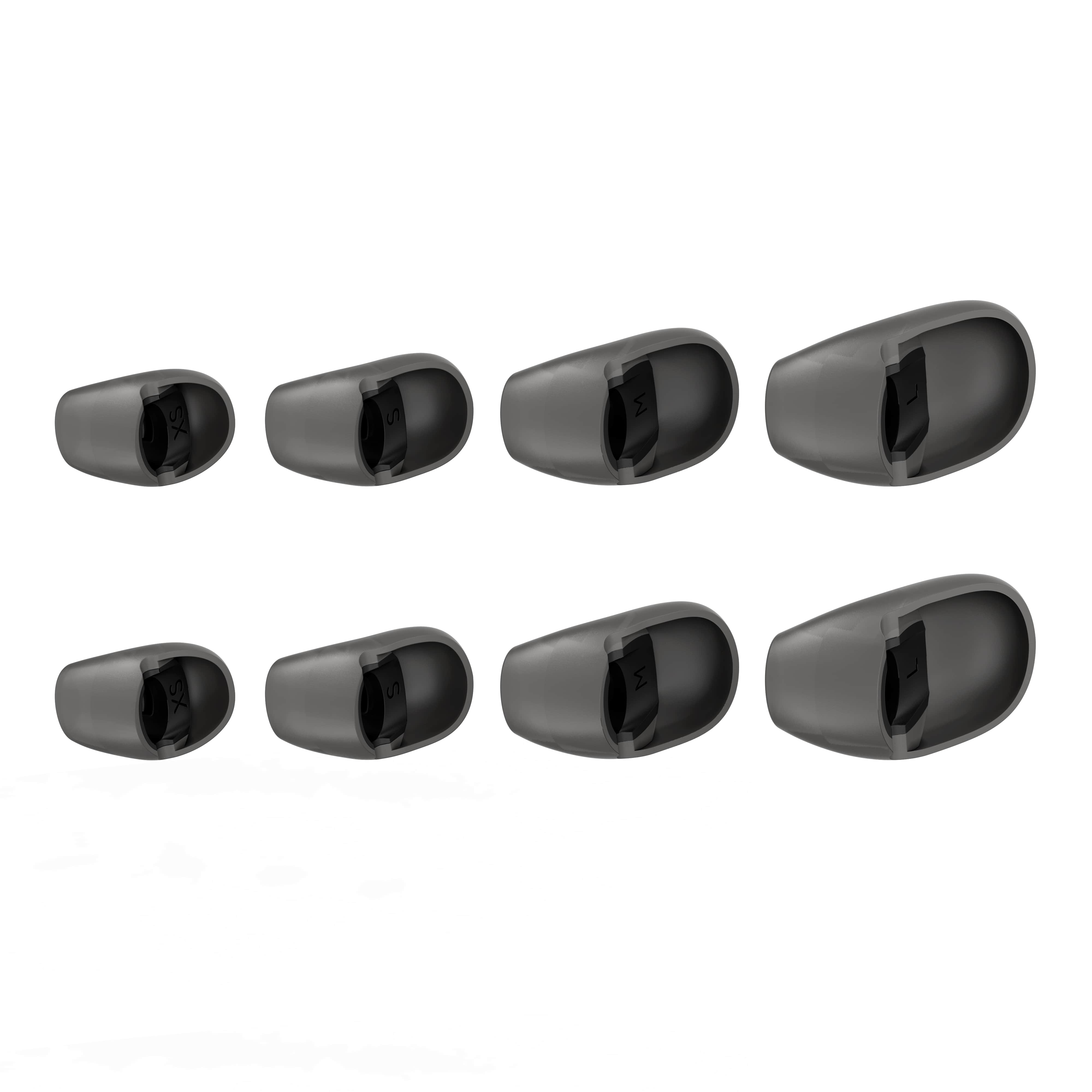 Una colección de ocho puntas de goma gris oscuro para auriculares, dispuestas en dos filas.